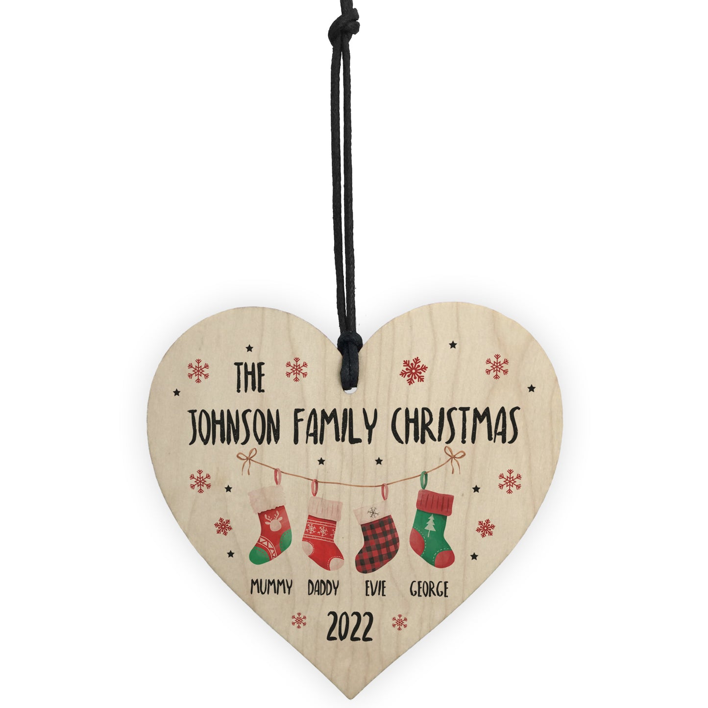 Personalised Family Christmas Bauble Wooden Hanging Heart Tree