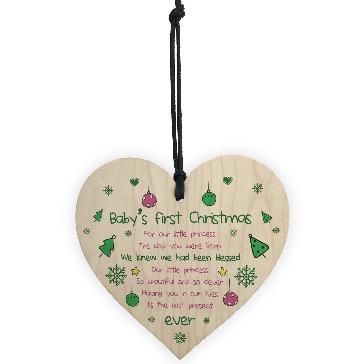 Baby's First Christmas Wooden Heart Bauble Tree Decoration Gift