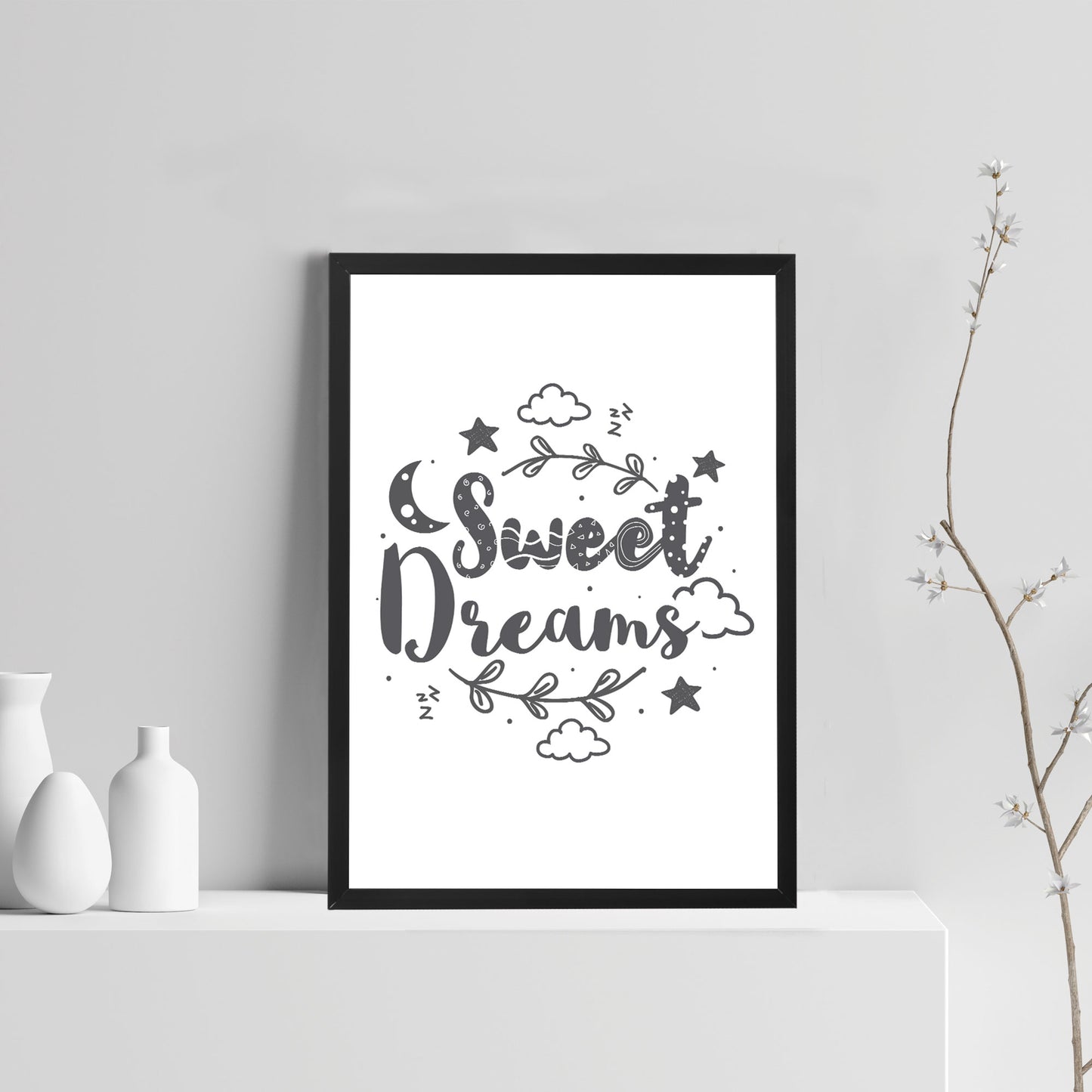 Sweet Dreams White Grey Nursery Framed Prints / Nursery Wall Art