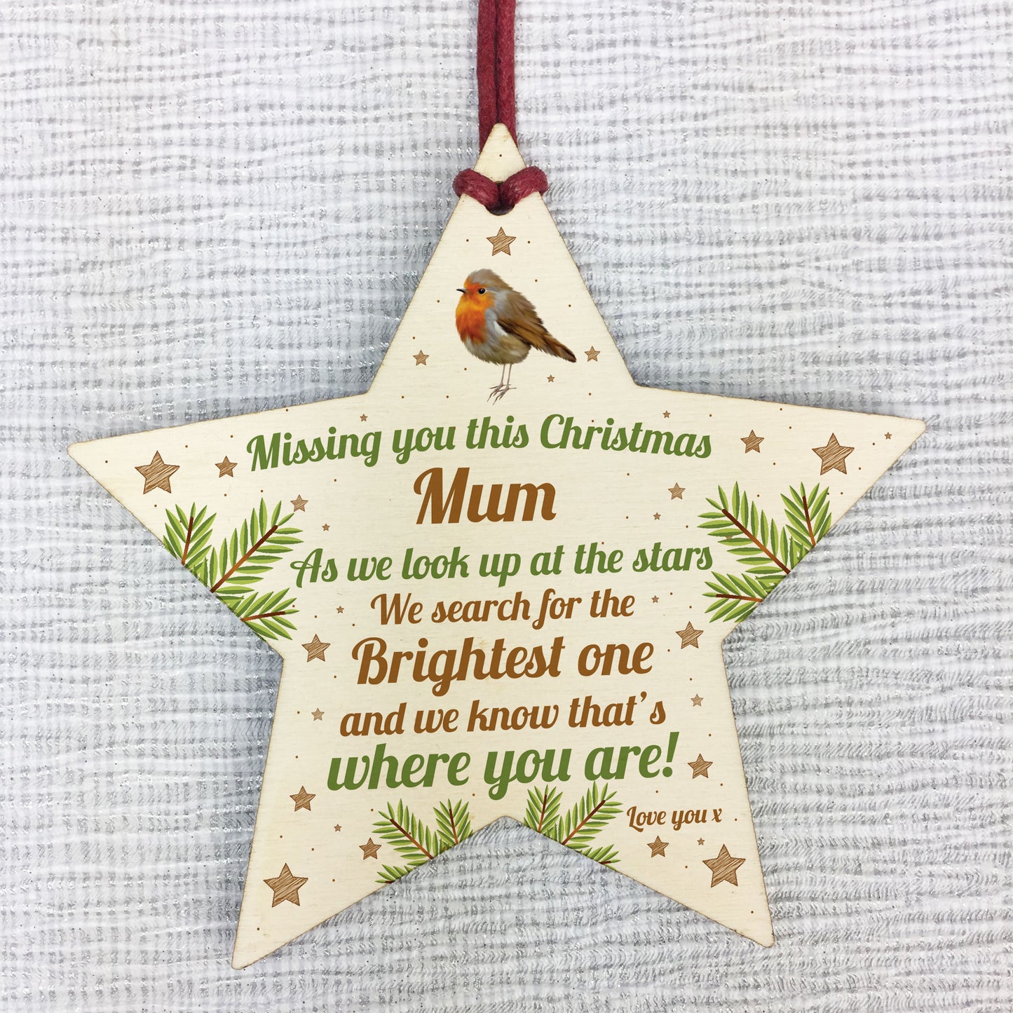 Mum Robin Memorial Chirstmas Tree Bauble Wooden Star Xmas Decor