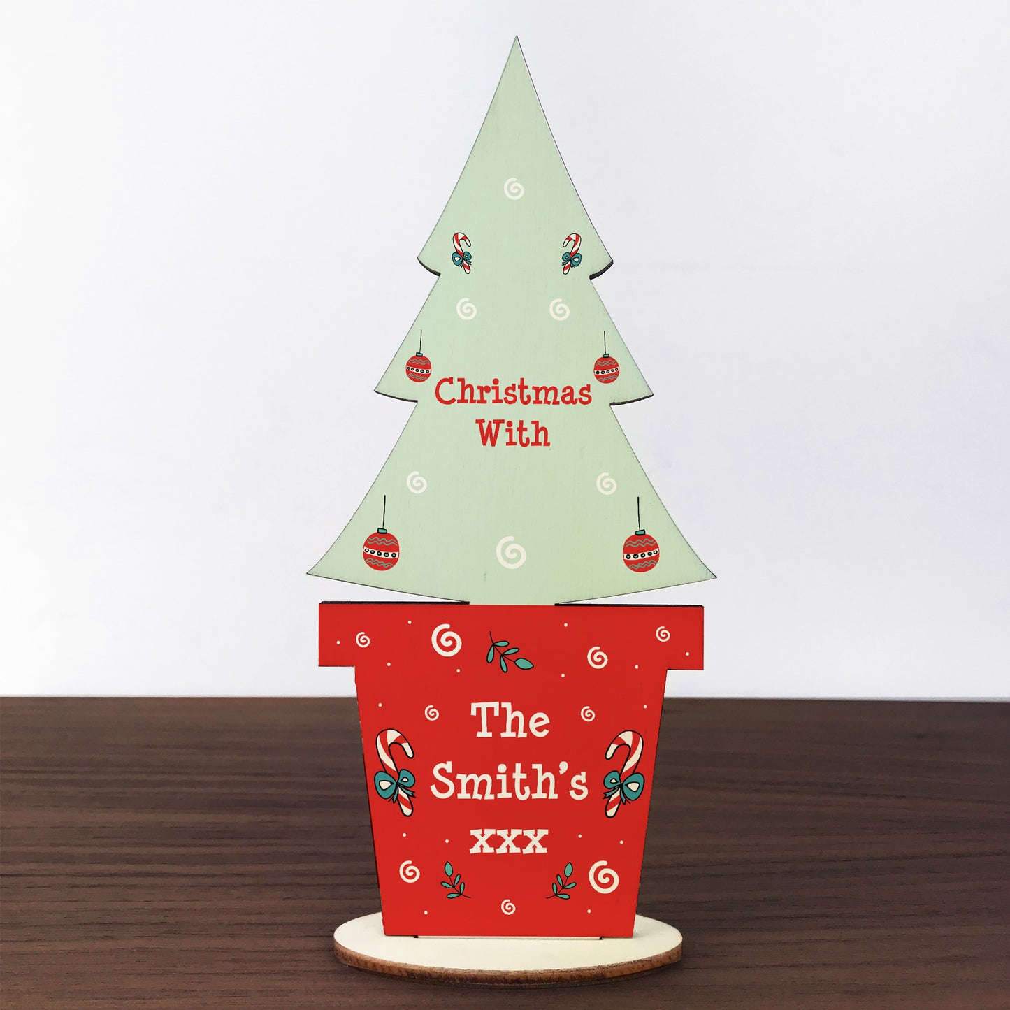 Christmas With The Any Surname Personalised Wood Standing Tree