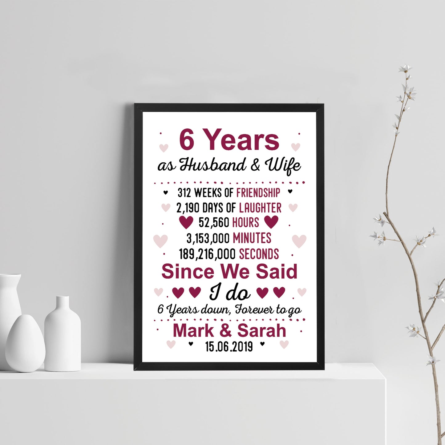 6th Anniversary Gift Personalised Framed Print 6th Anniversary
