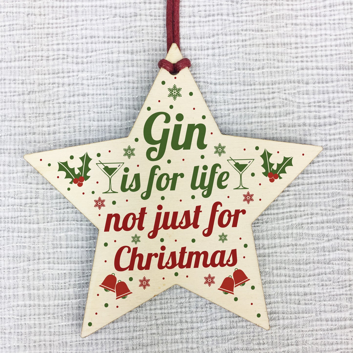 Funny Gin Novelty Christmas Gift Bauble Decoration Wooden Star