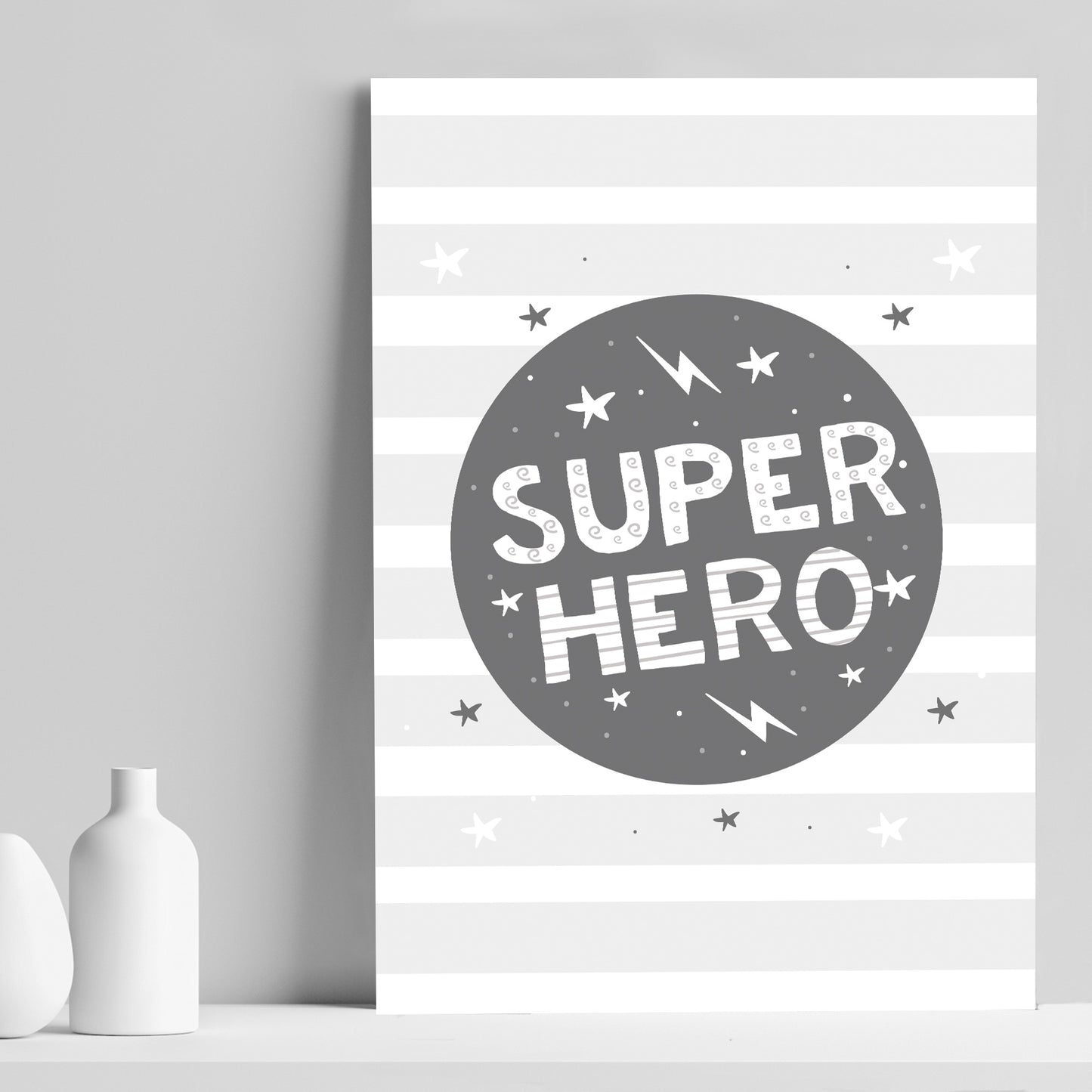 Grey Nursery Print Superhero Child Baby Room Pictures Wall Art