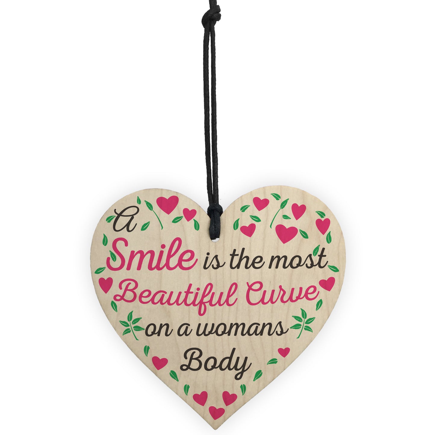 Smile Is The Most Beautiful Curve Wooden Hanging Heart Plaque