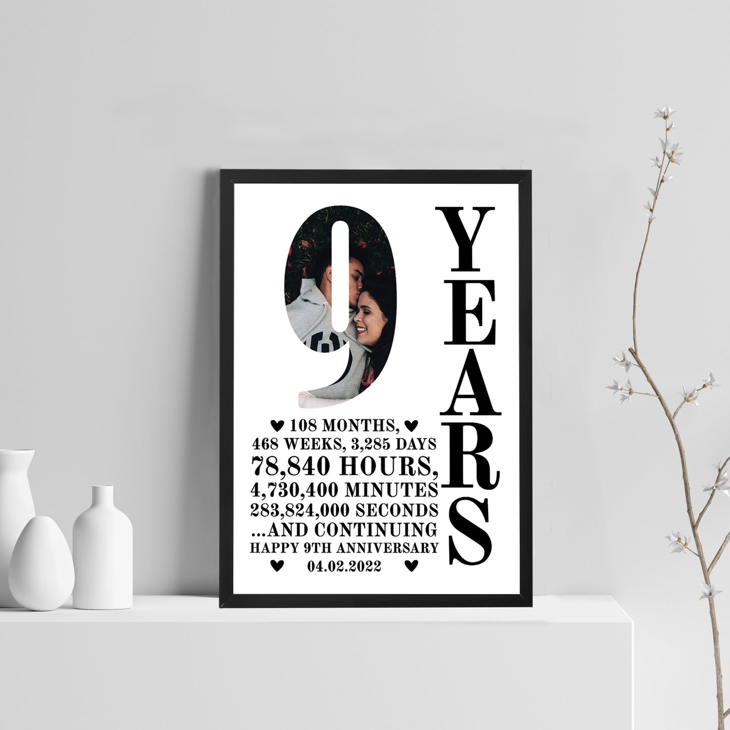 9th Anniversary Gift Framed Print Personalised Husband Wife