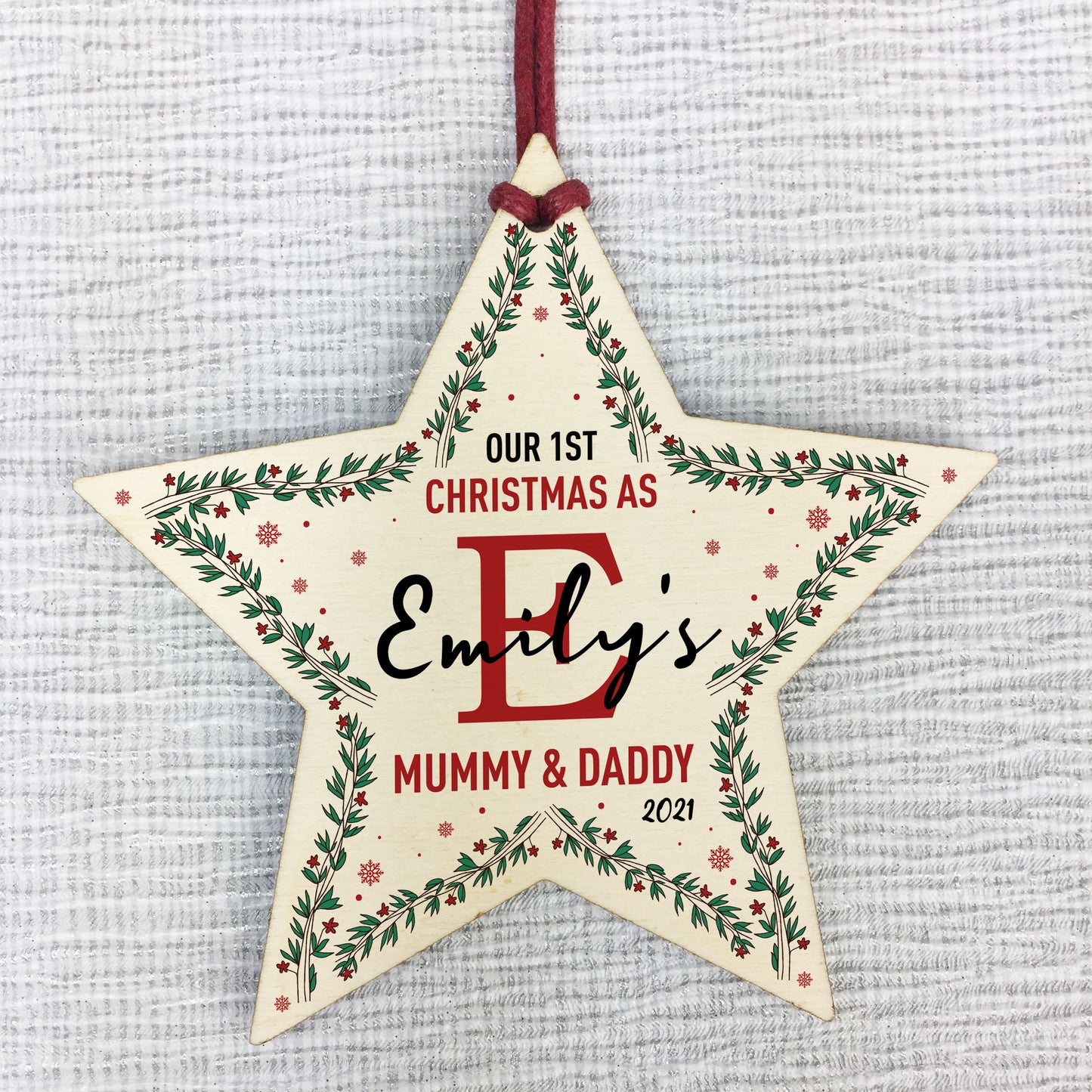 Personalised 1st Christmas As Mummy Daddt Wood Star Tree Decor