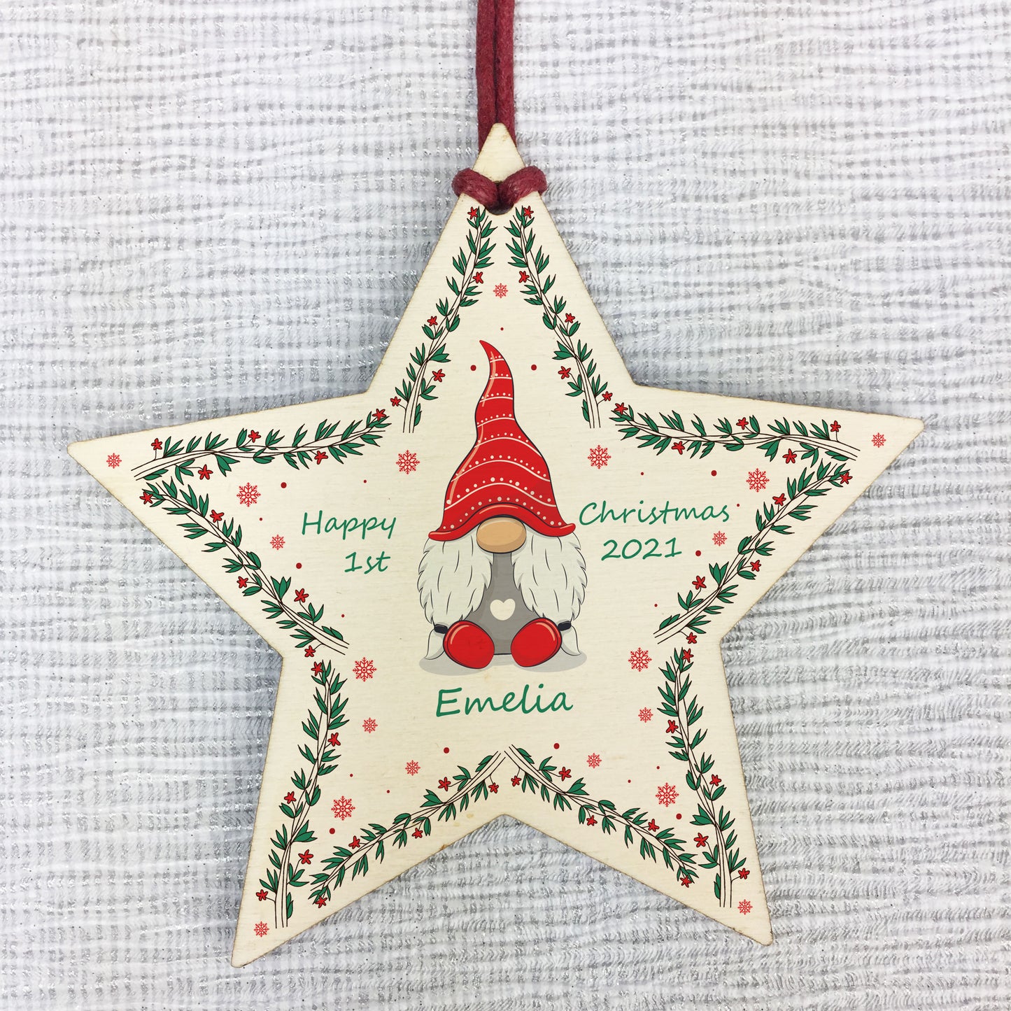Babys 1st Christmas Bauble Wood Star Personalised New Baby Gift