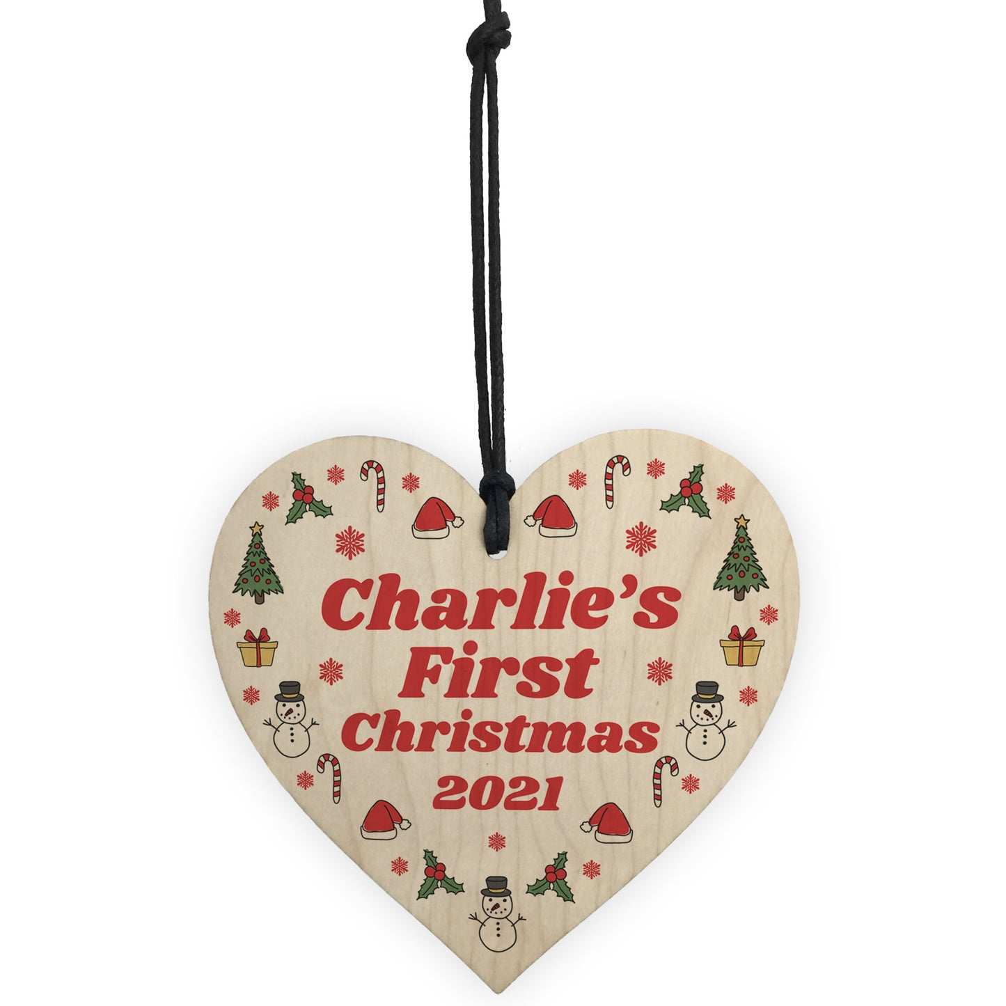 Personalised Baby's First 1st Christmas Bauble Wood Heart Decor