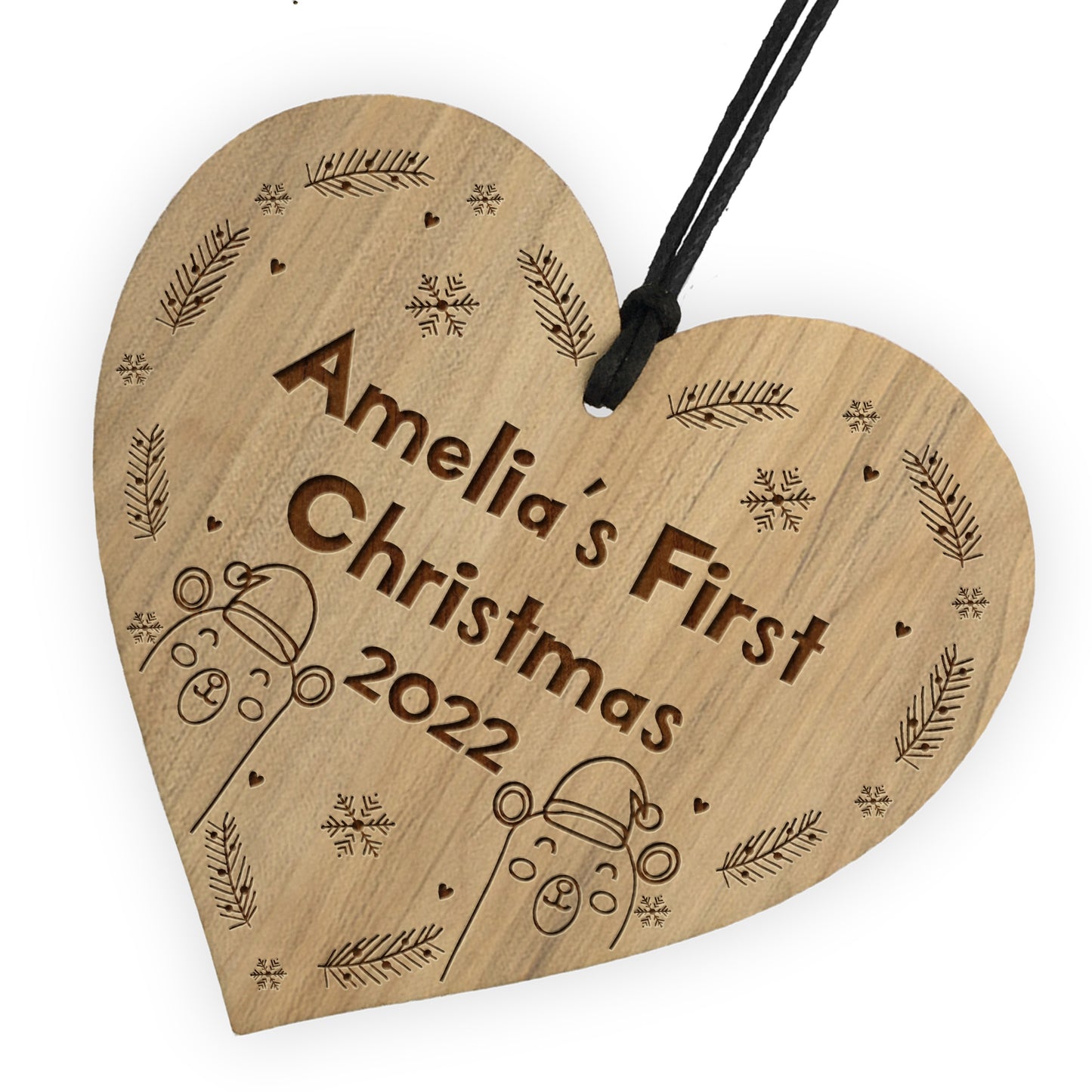 Babys 1st Christmas Engraved Wood Heart Daughter Son Decoration