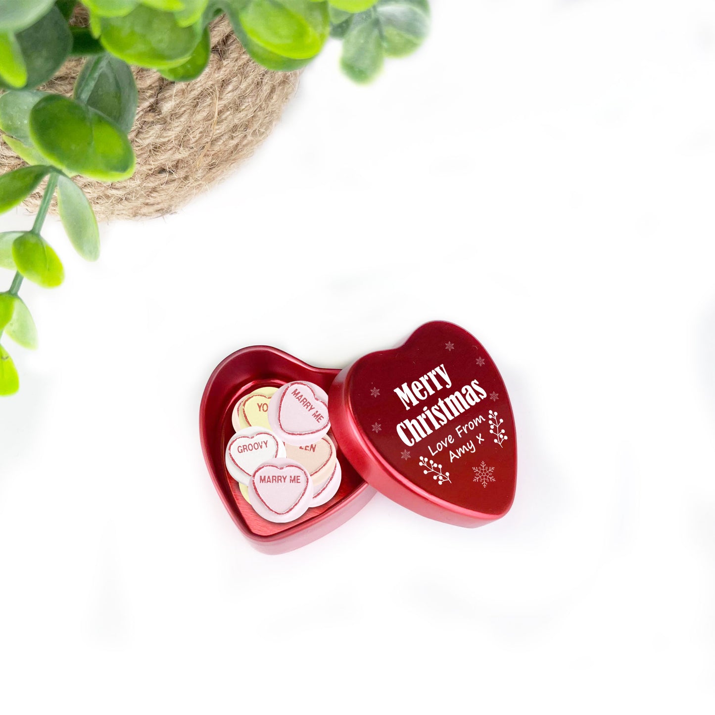Personalised Merry Christmas Heart Shaped Tin Gift For Mum Dad