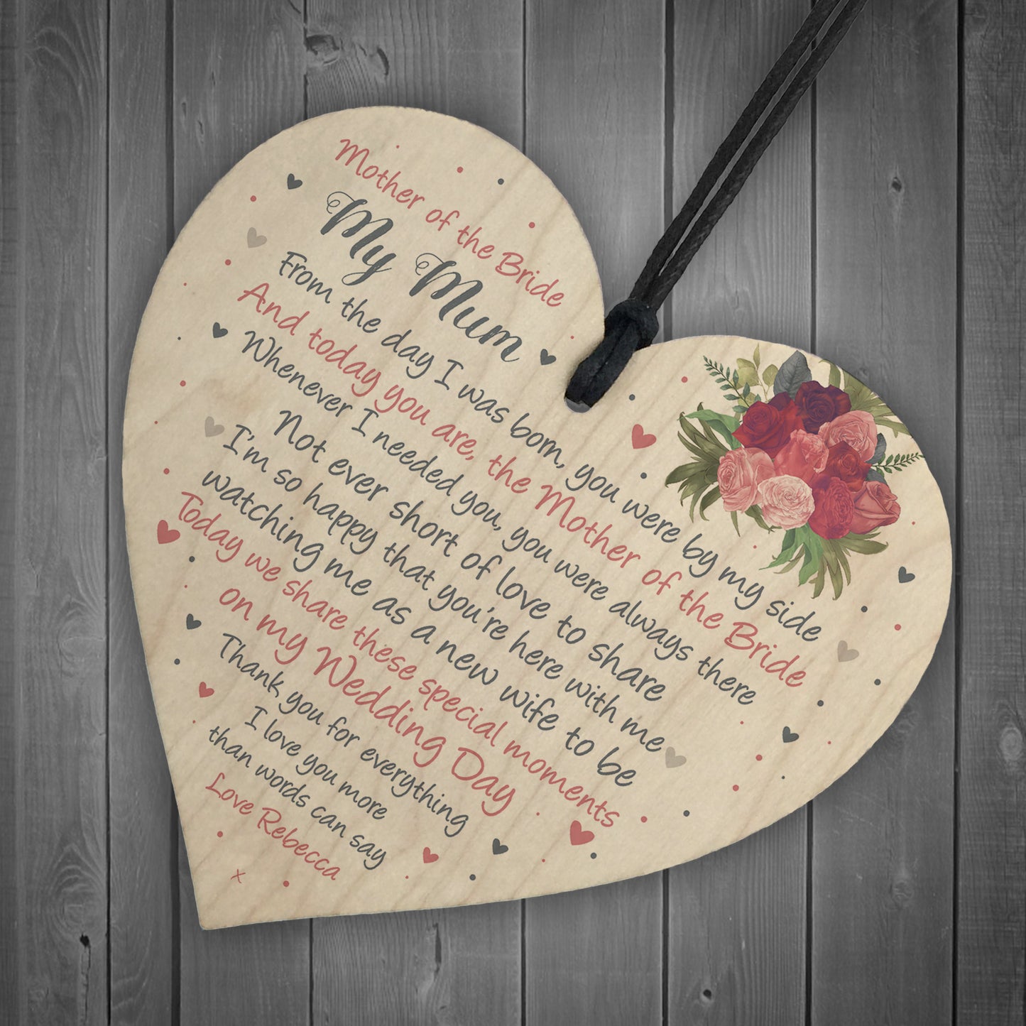 Mother of the Bride Personalised Wood Heart Wedding Gift Poem