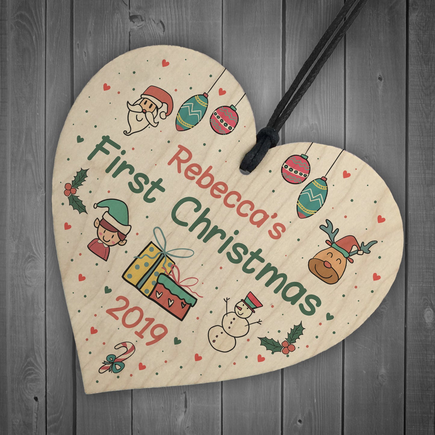Personalised Baby's First 1st Christmas Bauble Wood Heart Gift