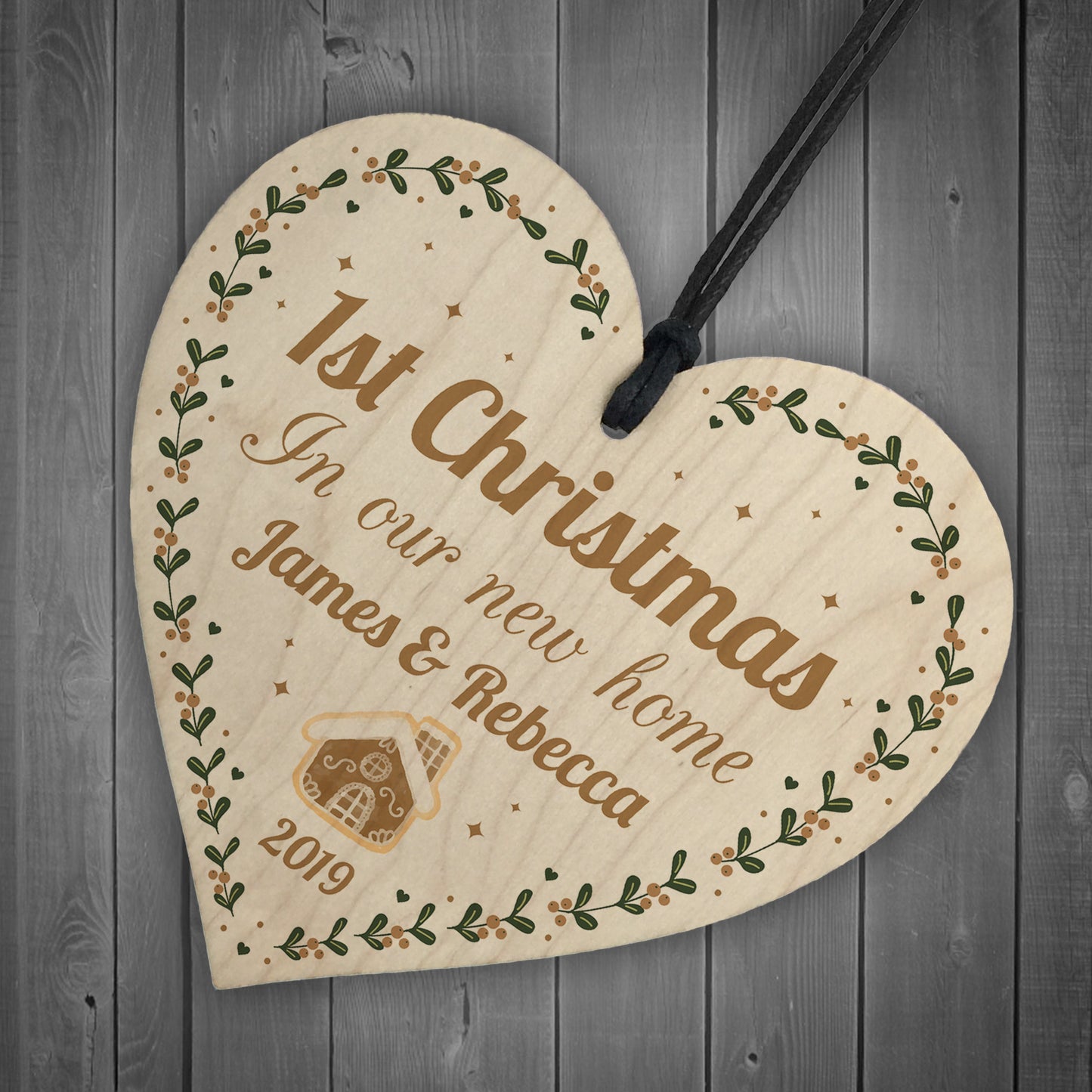 PERSONALISED First 1st New Home Tree Decoration Wood Heart