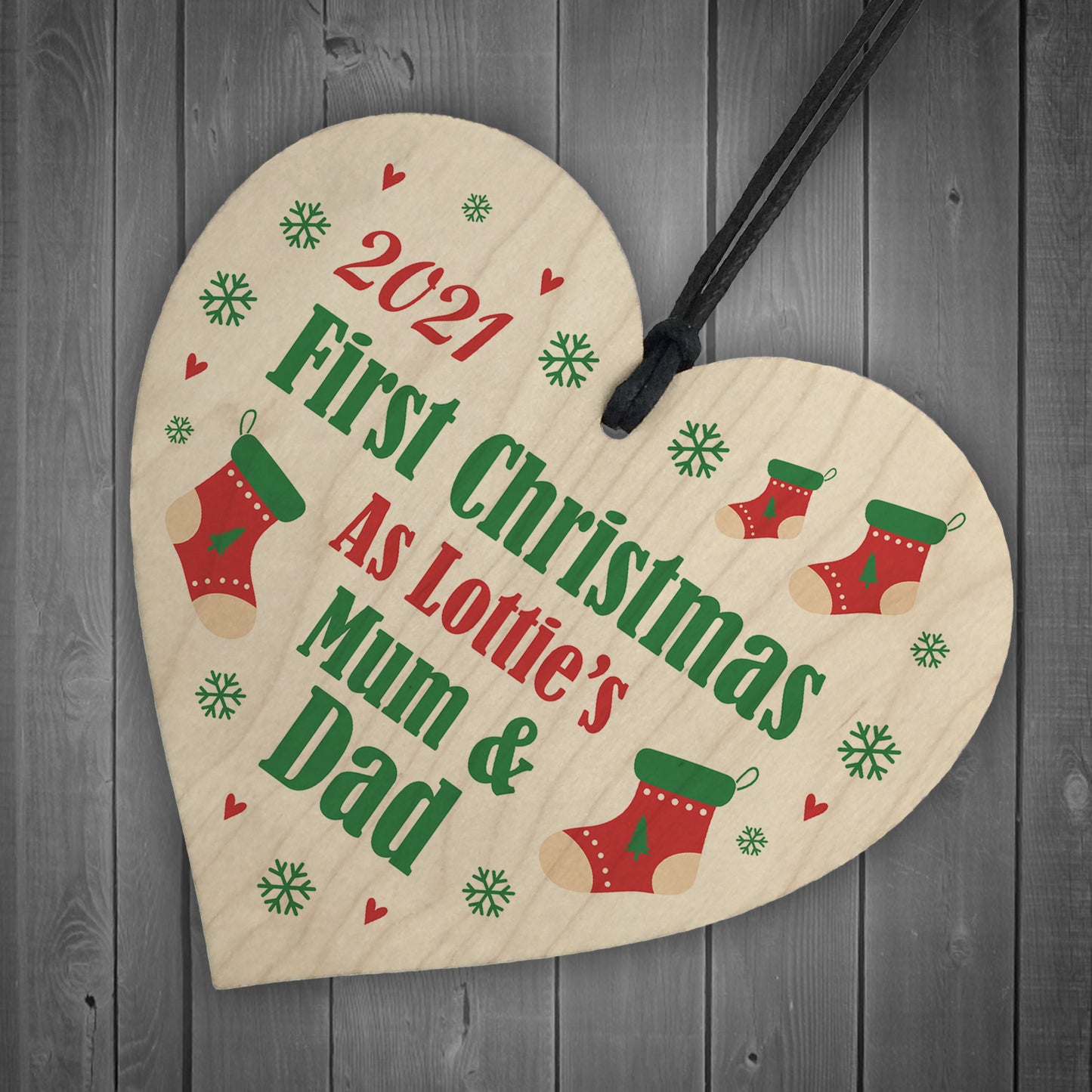 Mum Dad First Christmas Bauble Personalised Wooden Heart