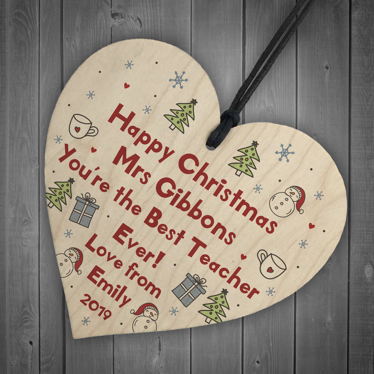 Handmade Christmas Heart Personalised Best Teacher Thankyou Gift
