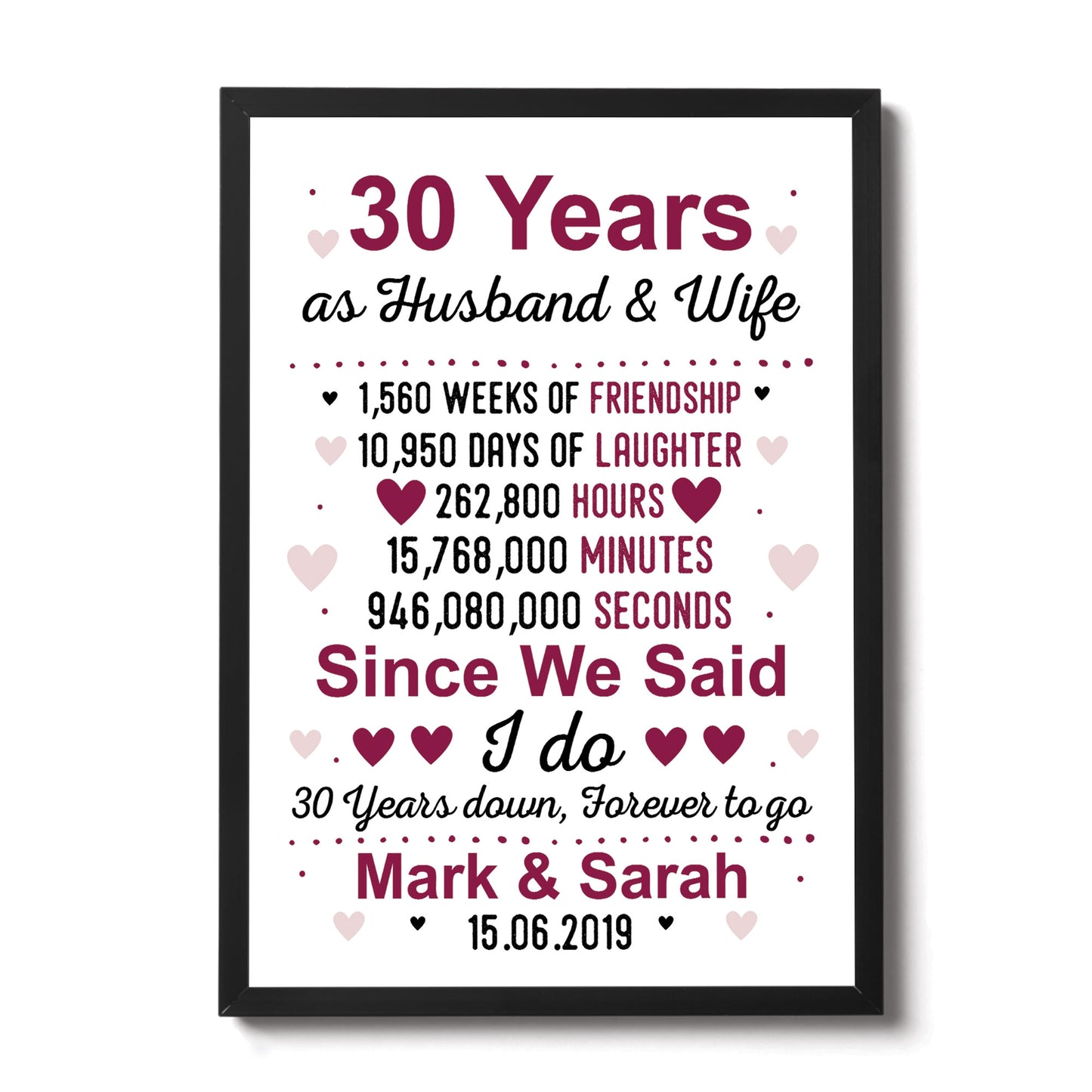 30th Anniversary Gift Personalised Framed Print 30th Anniversary