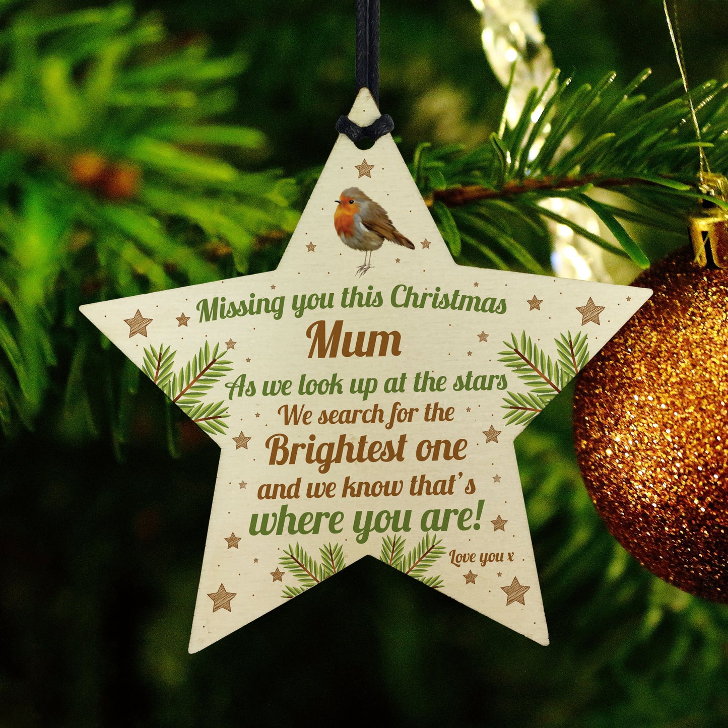 Mum Robin Memorial Chirstmas Tree Bauble Wooden Star Xmas Decor