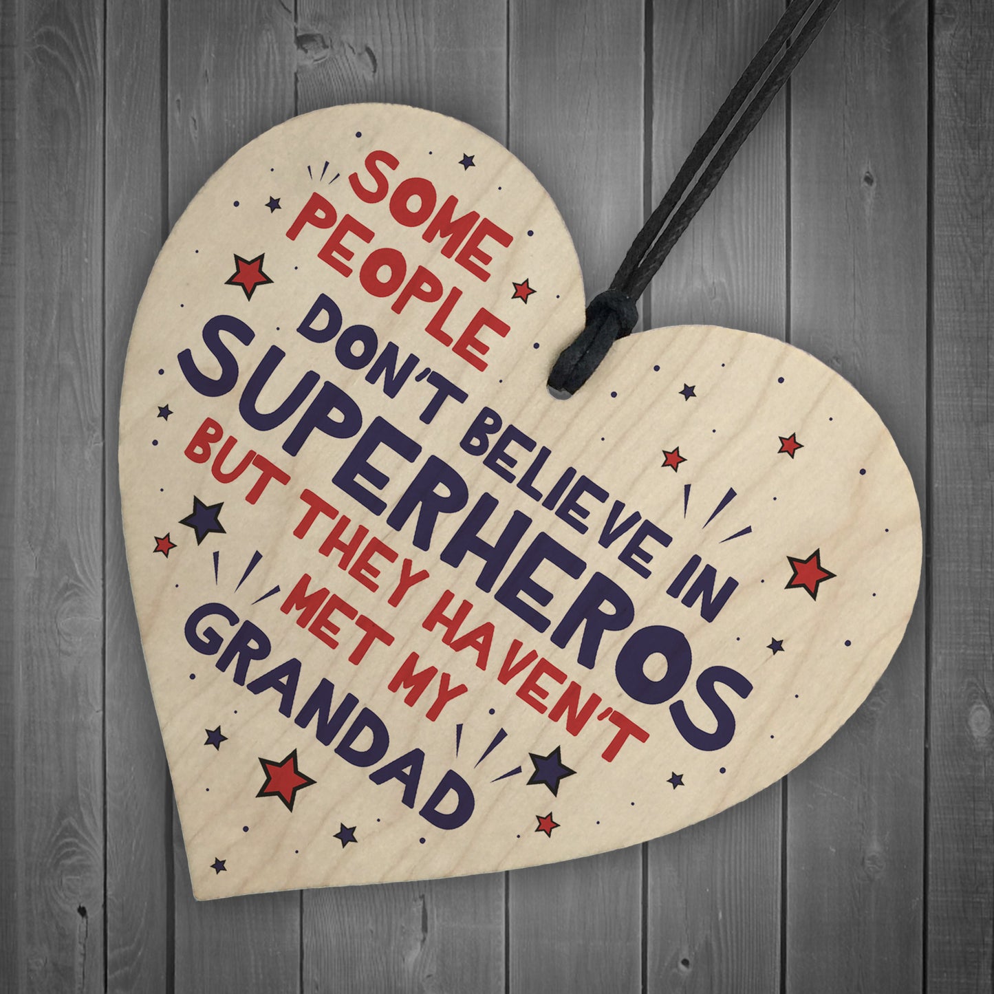 Grandad Birthday Christmas Gift Superhero Theme Wooden Heart