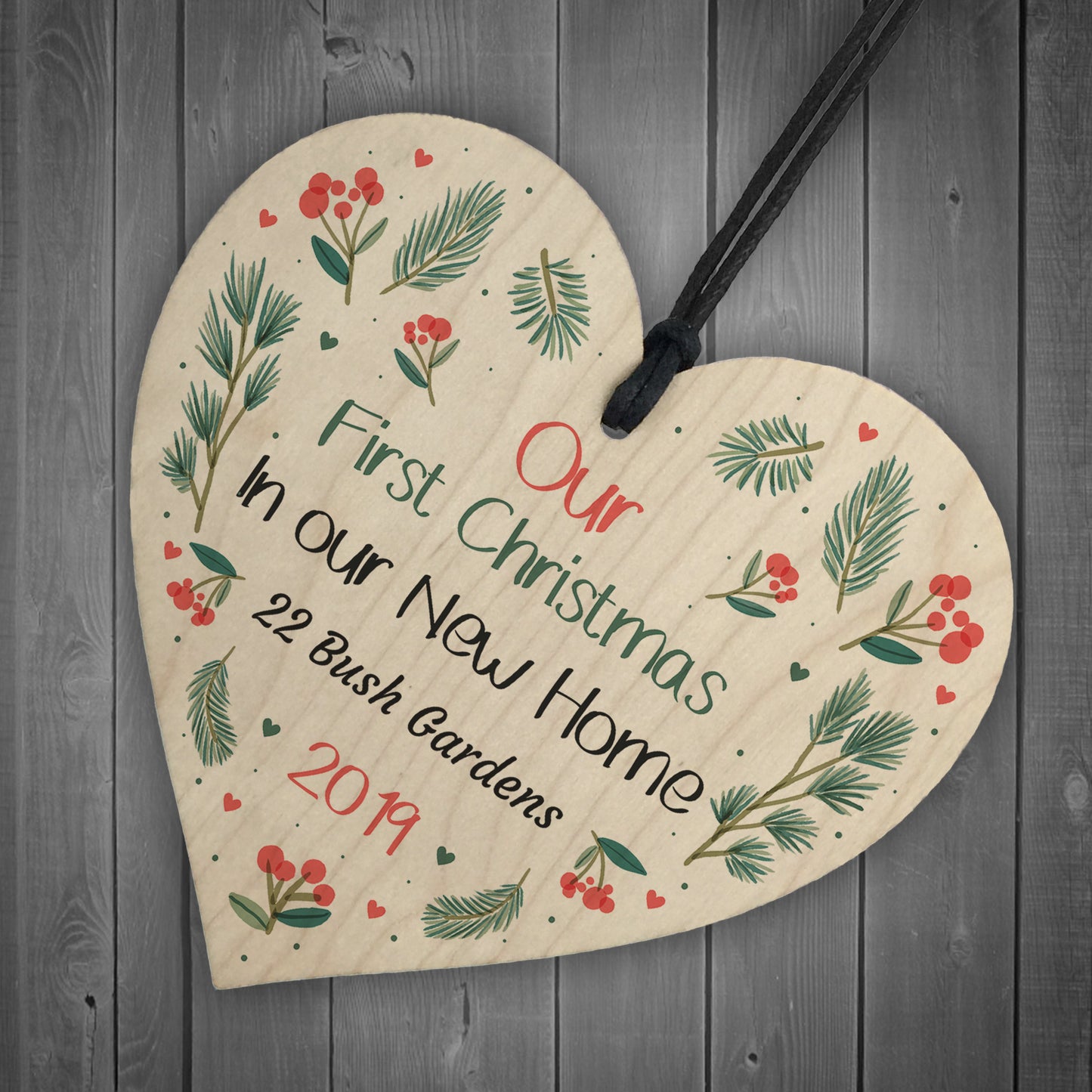 First Christmas In New Home Bauble Wooden Heart Xmas Decoration