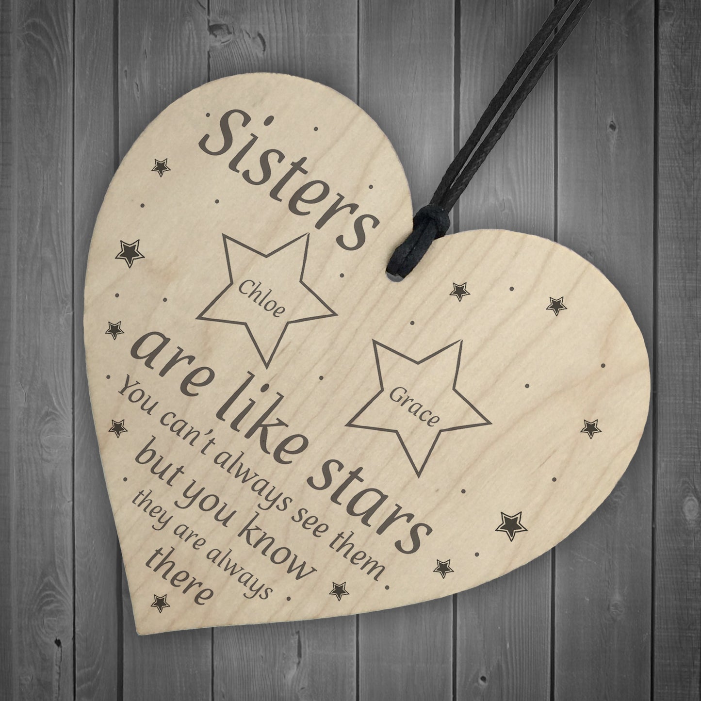 Sisters Are Like Stars Wooden Heart Thank You Gift For Birthday