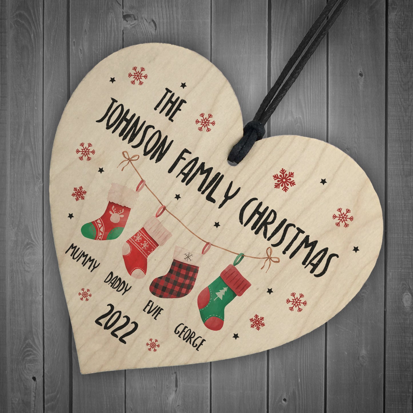 Personalised Family Christmas Bauble Wooden Hanging Heart Tree