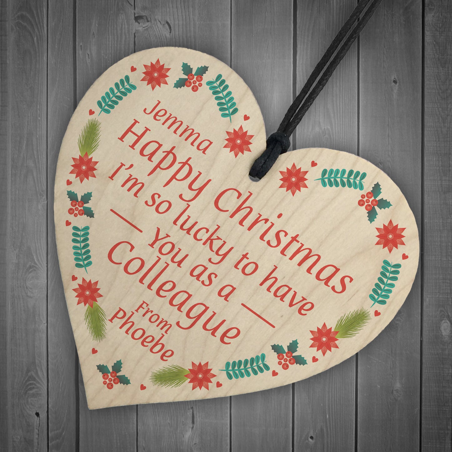 Personalised Christmas Gift Colleague Wood Heart Secret Santa