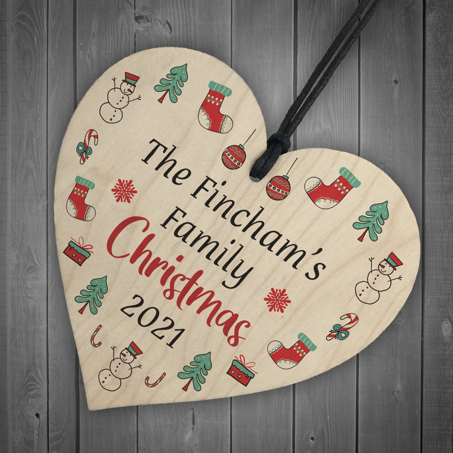 Personalised Family Christmas Tree Decoration SURNAME Wood Heart
