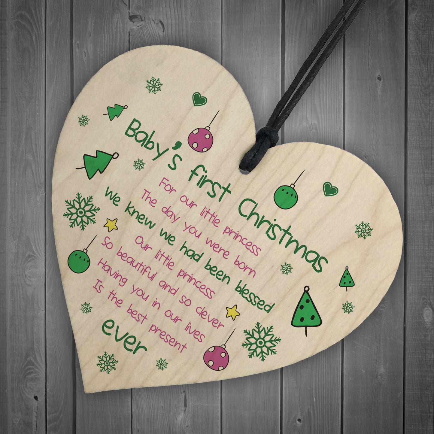 Baby's First Christmas Wooden Heart Bauble Tree Decoration Gift