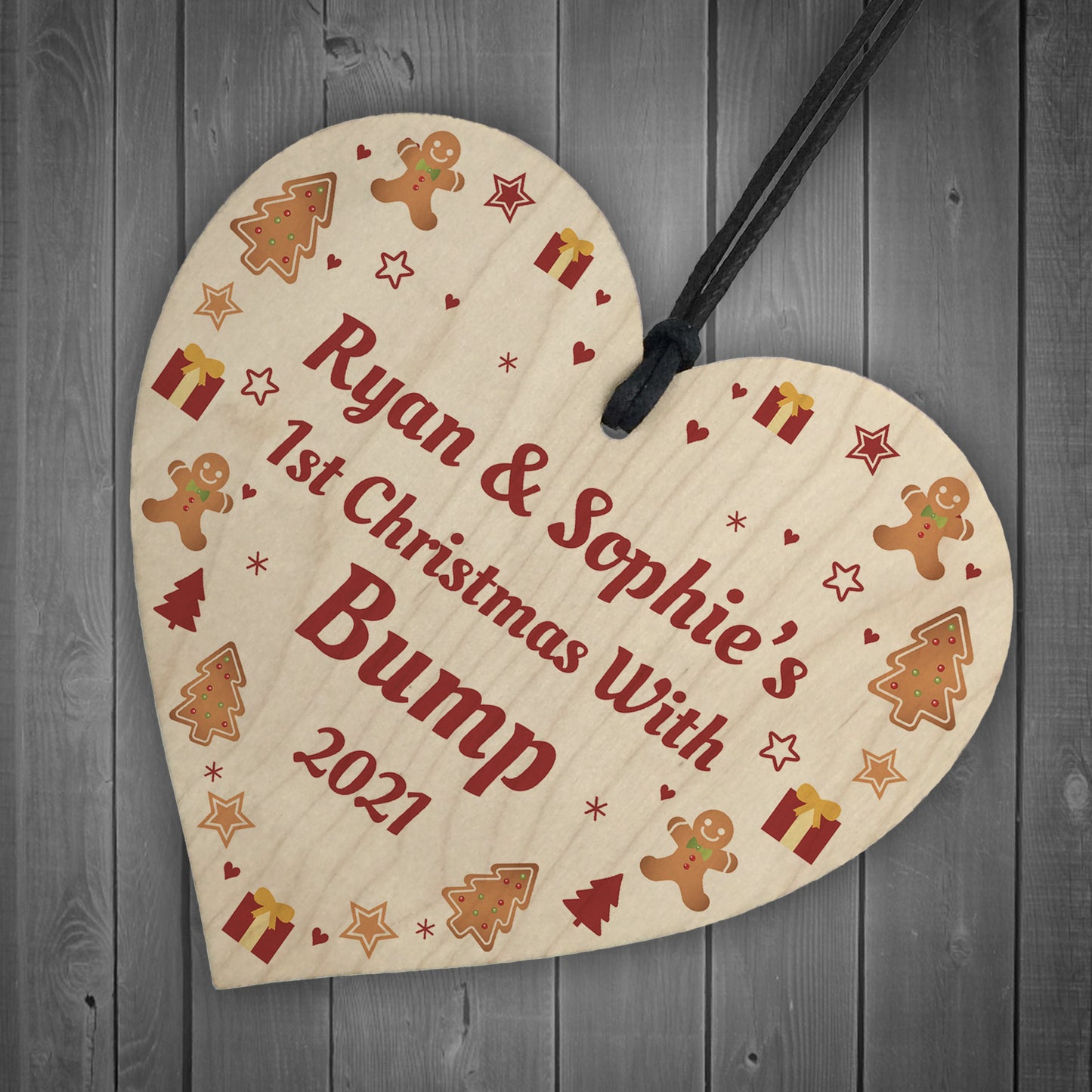 Bumps 1st Christmas Personalised Mum Dad Gift Wood Heart