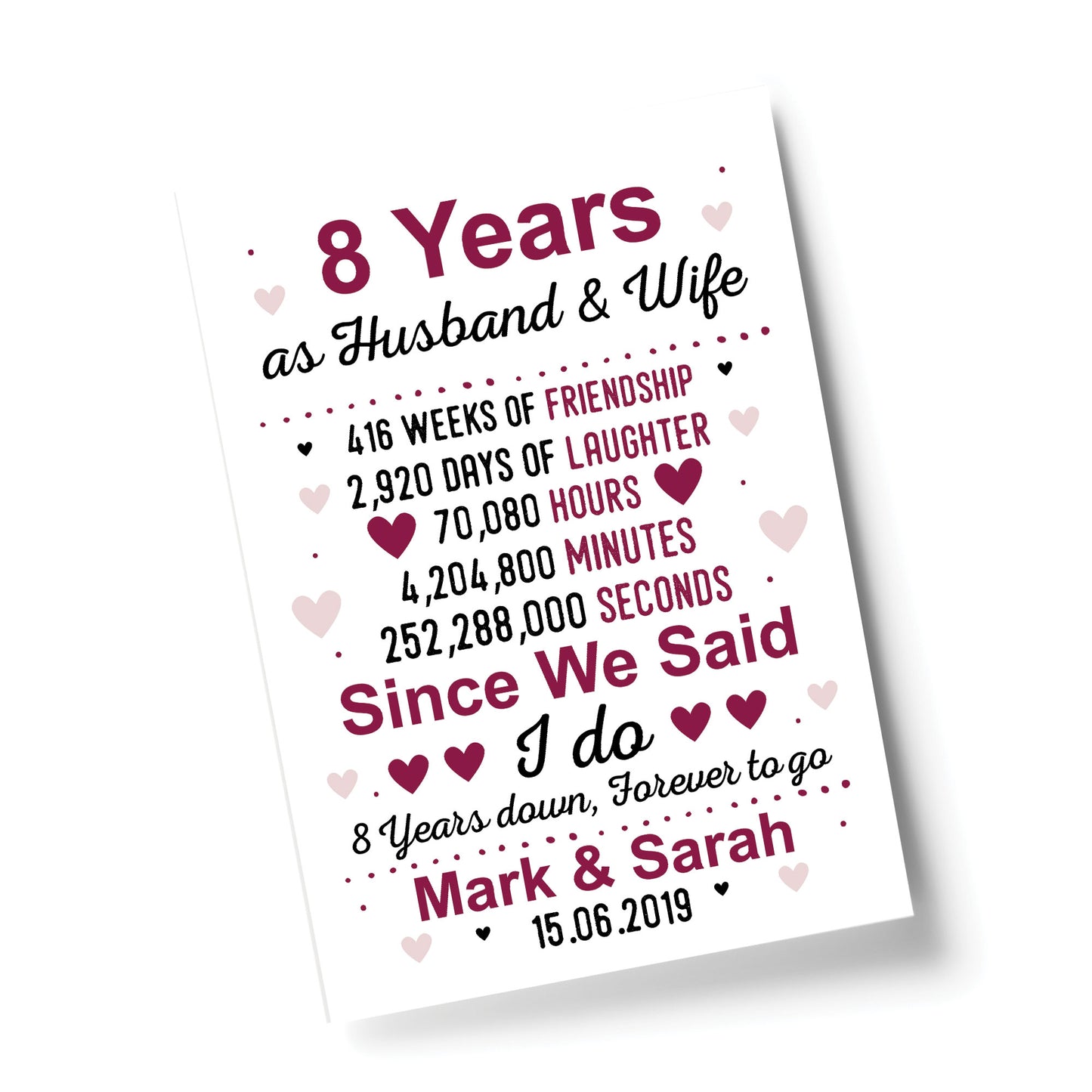8th Anniversary Gift Personalised Print 8th Anniversary Card