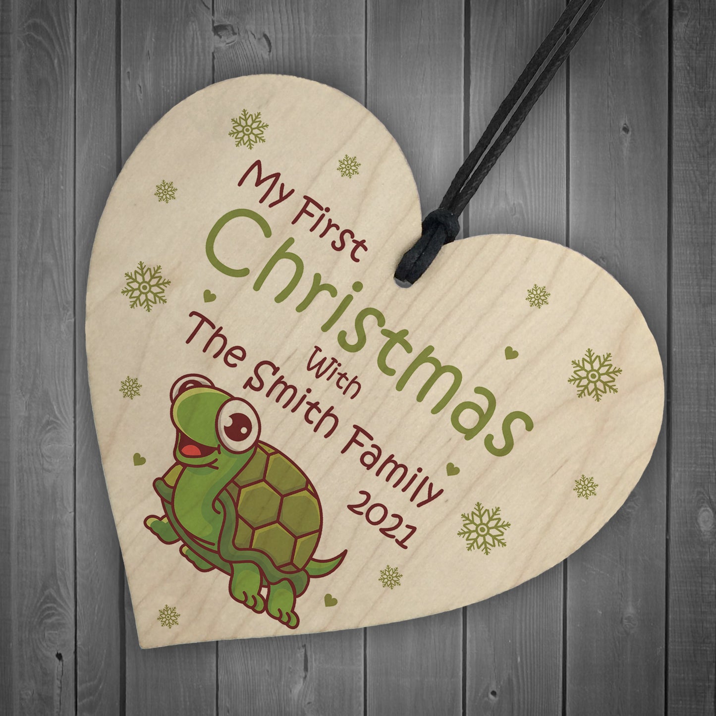 My 1st Christmas Tortoise Bauble Wood Heart Personalised Gift