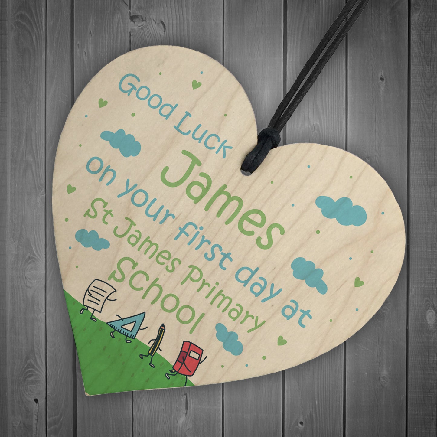 Personalised 1st Day At School Gift Good Luck Wood Heart