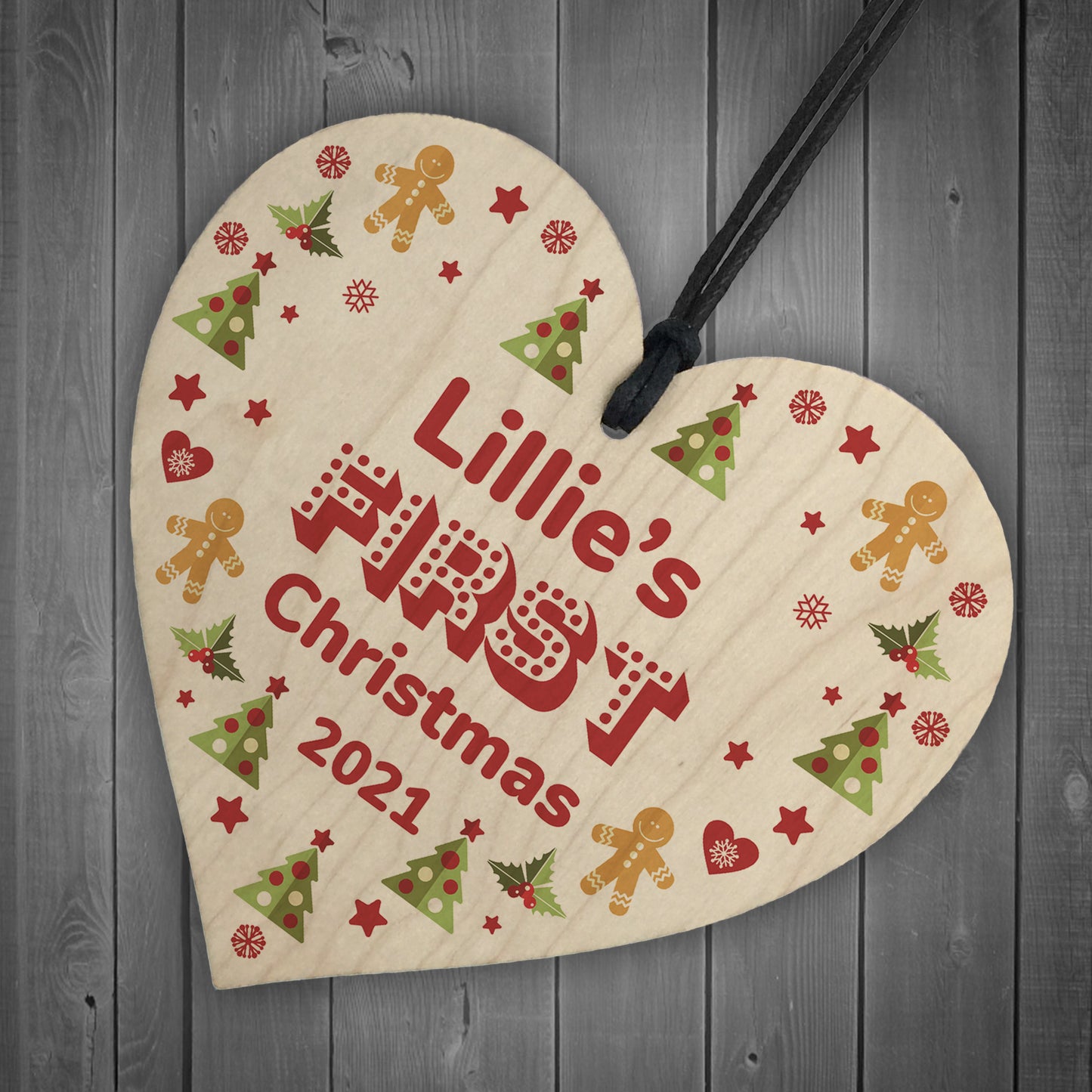 Cute Personalised Baby's First 1st Christmas Bauble Wood Heart