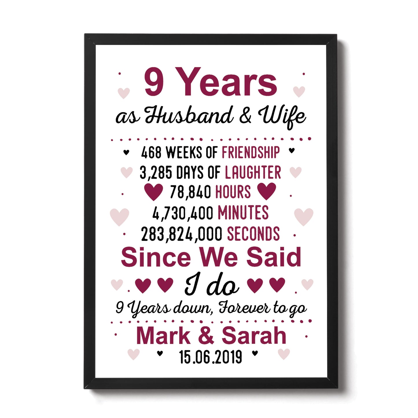 9th Anniversary Gift Personalised Framed Print 9th Anniversary