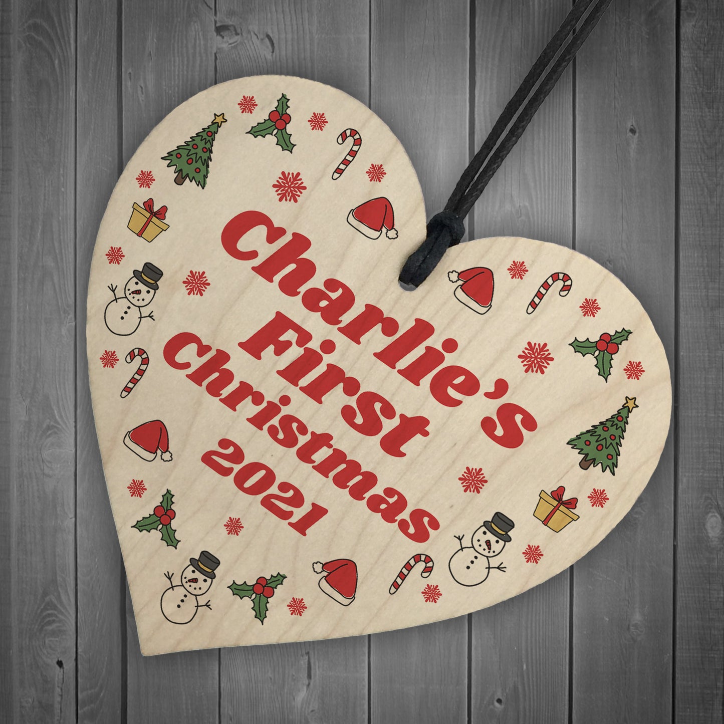 Personalised Baby's First 1st Christmas Bauble Wood Heart Decor