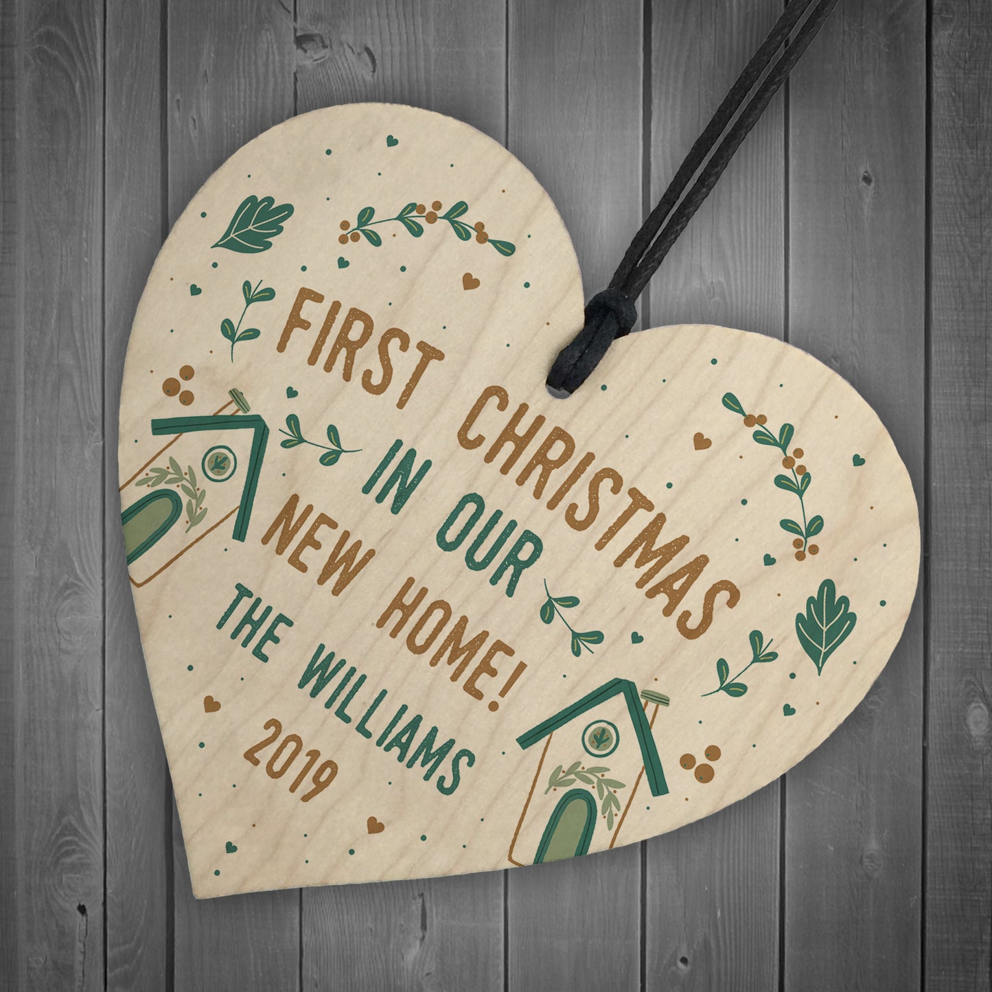 Personalised Family Name 1st Christmas In New Home Wood Heart