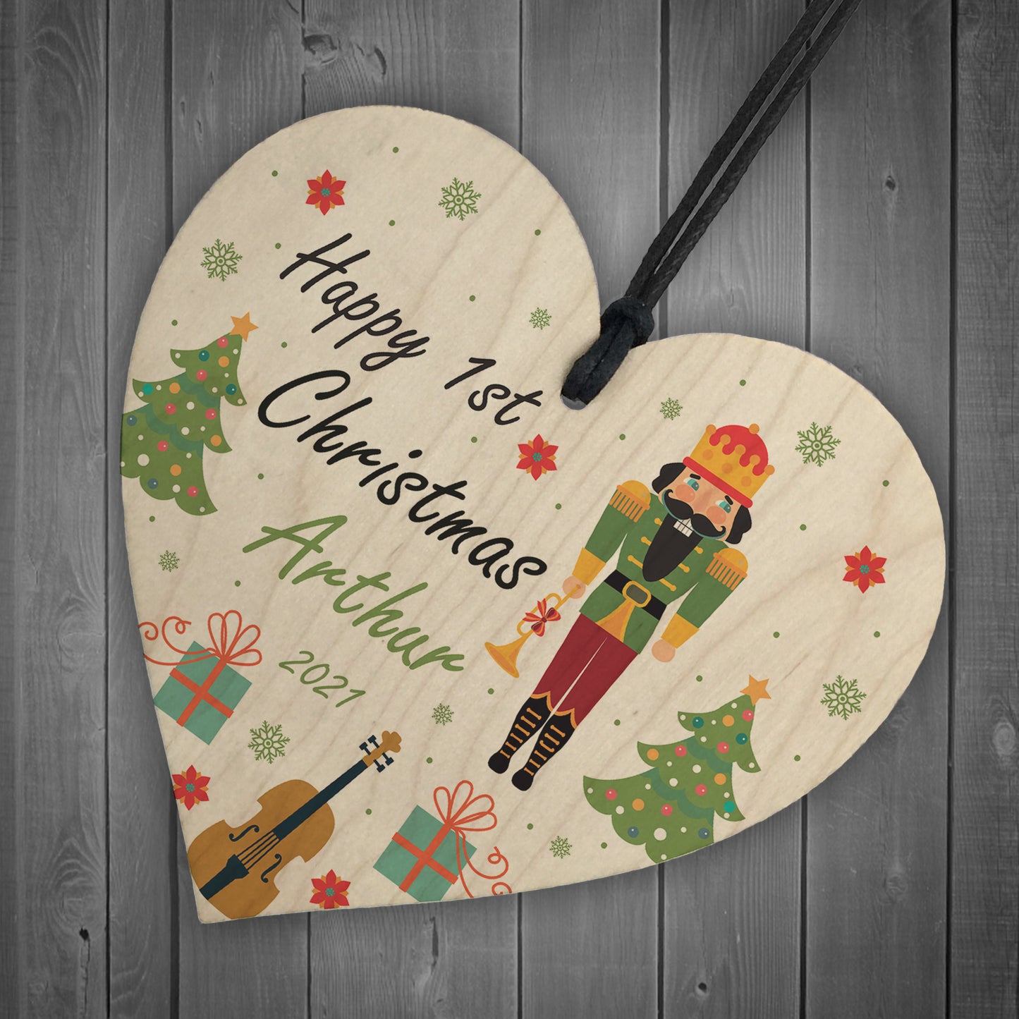 Happy 1st Christmas Any Name Son Gift Wood Hanging Heart
