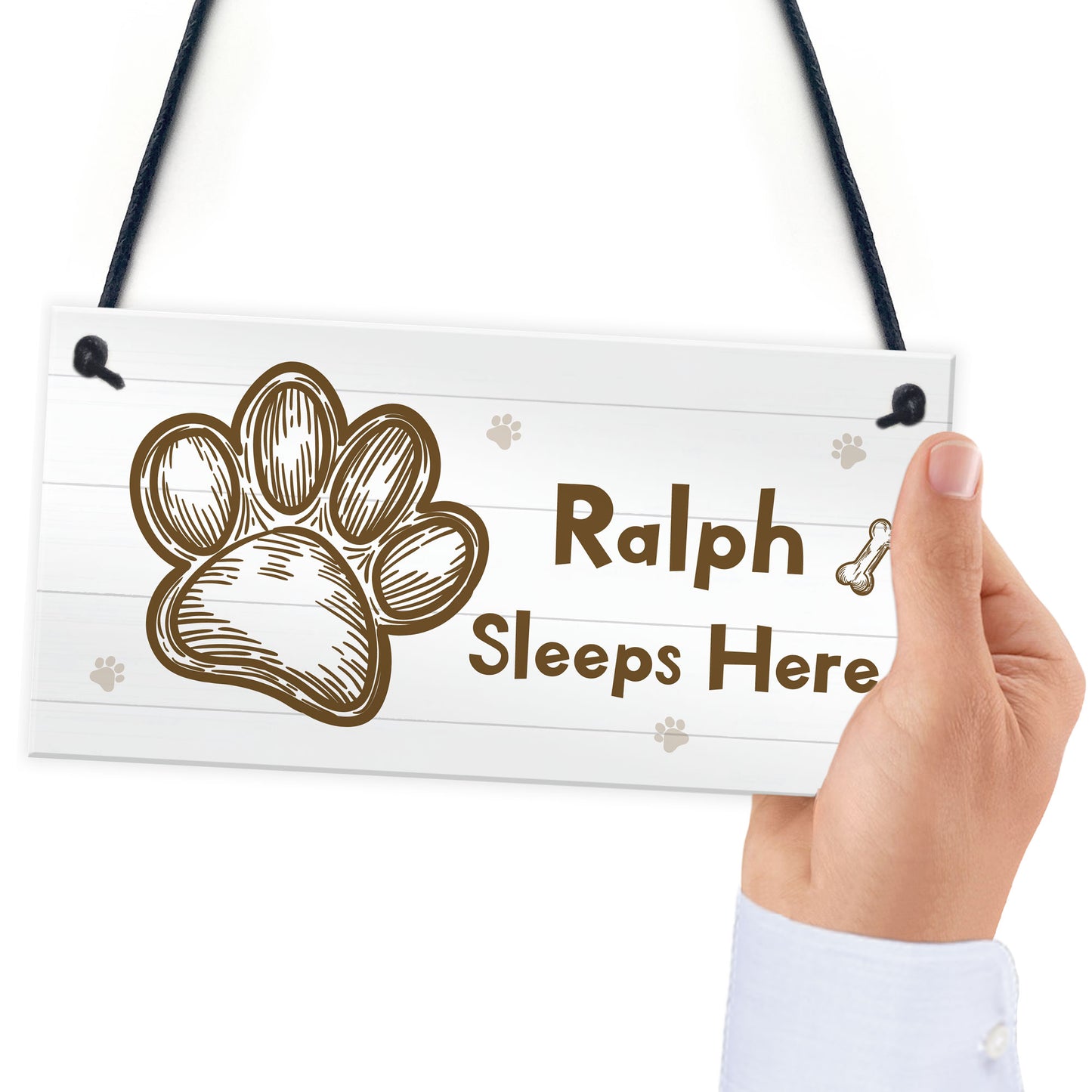 Personalised Dog Sign Sleeps Here Hanging Paw Print Plaque