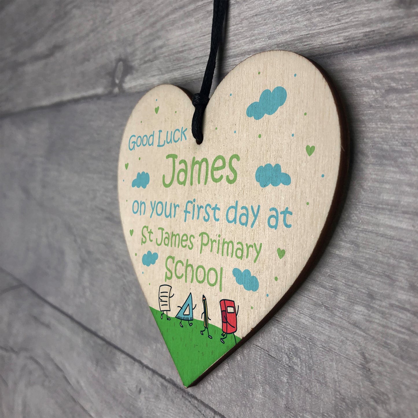 Personalised 1st Day At School Gift Good Luck Wood Heart