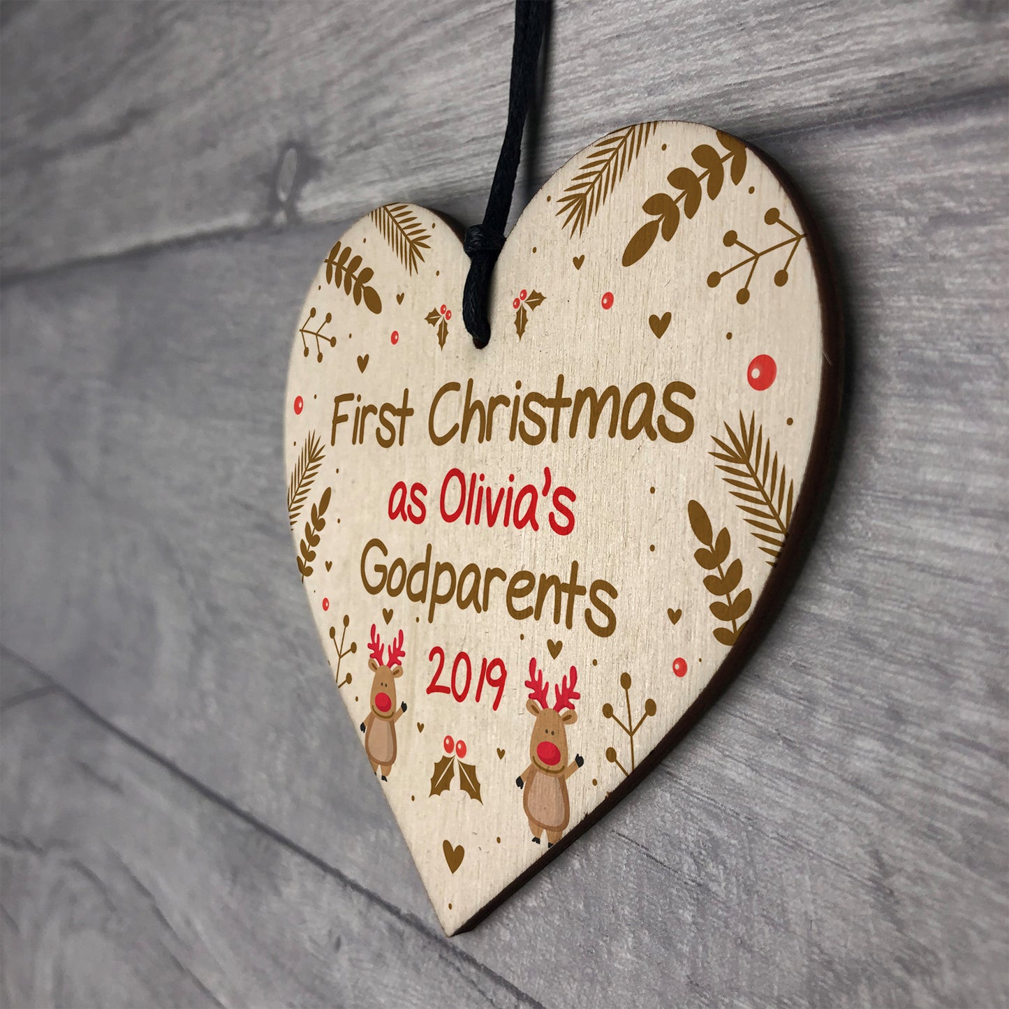 Godparents Gift Personalised 1st Christmas Decoration Wood Heart