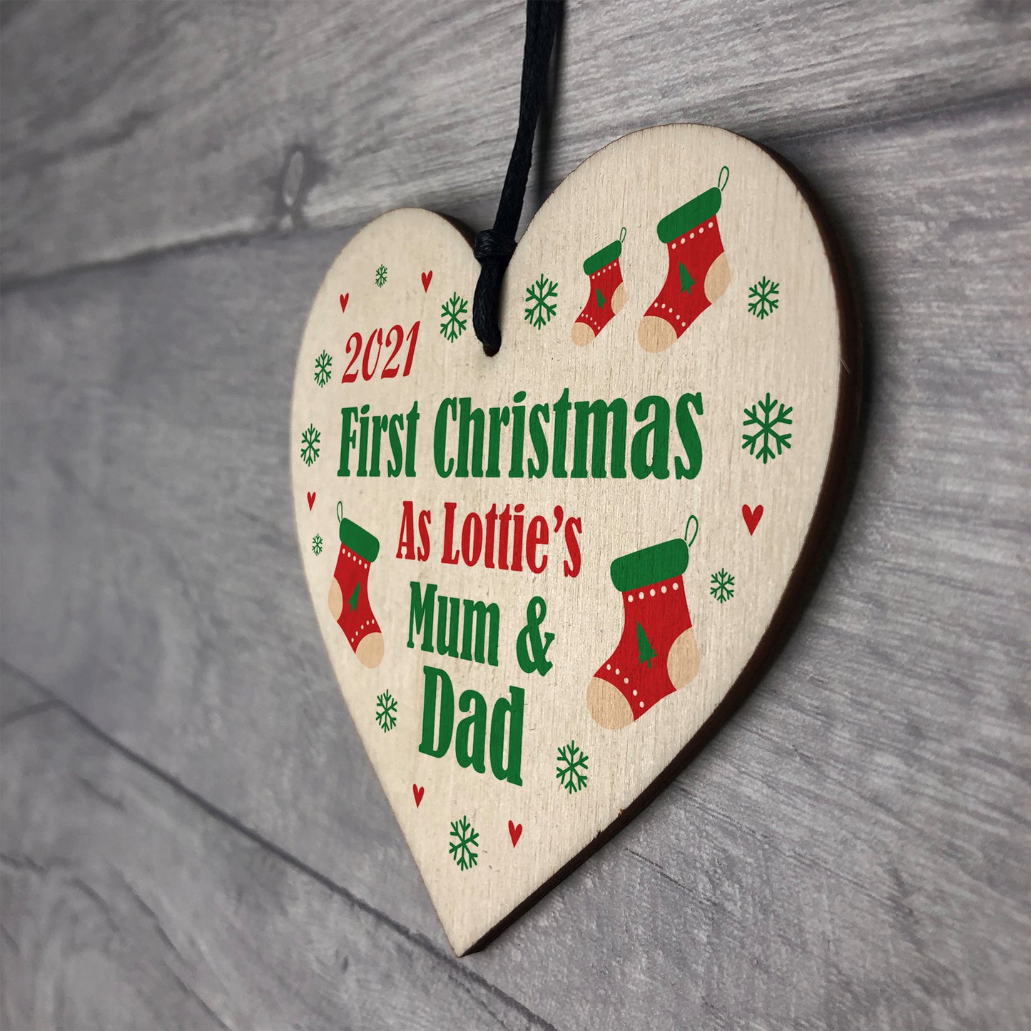 Mum Dad First Christmas Bauble Personalised Wooden Heart