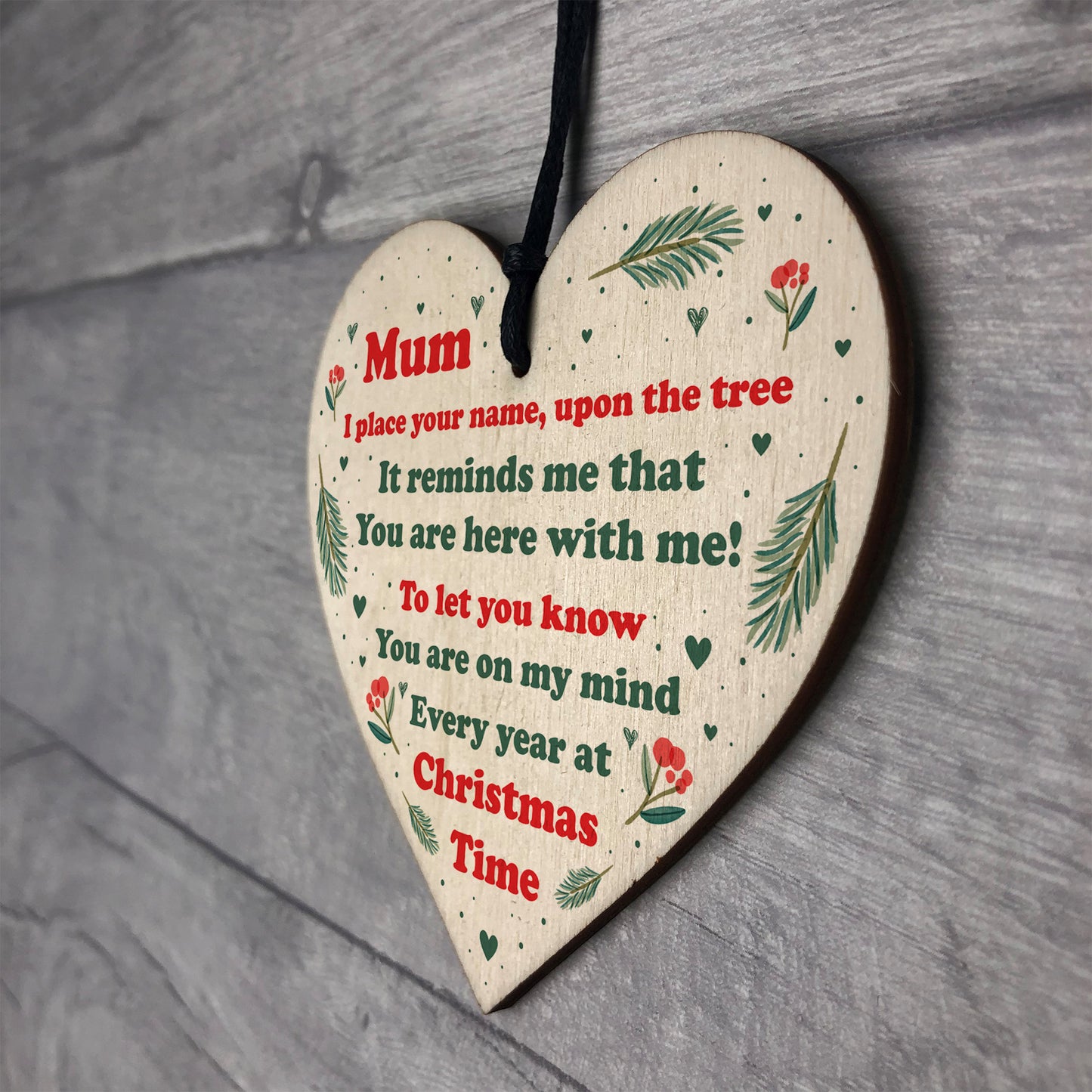Mum Christmas Memorial Decoration Wooden Heart Memorial Plaque