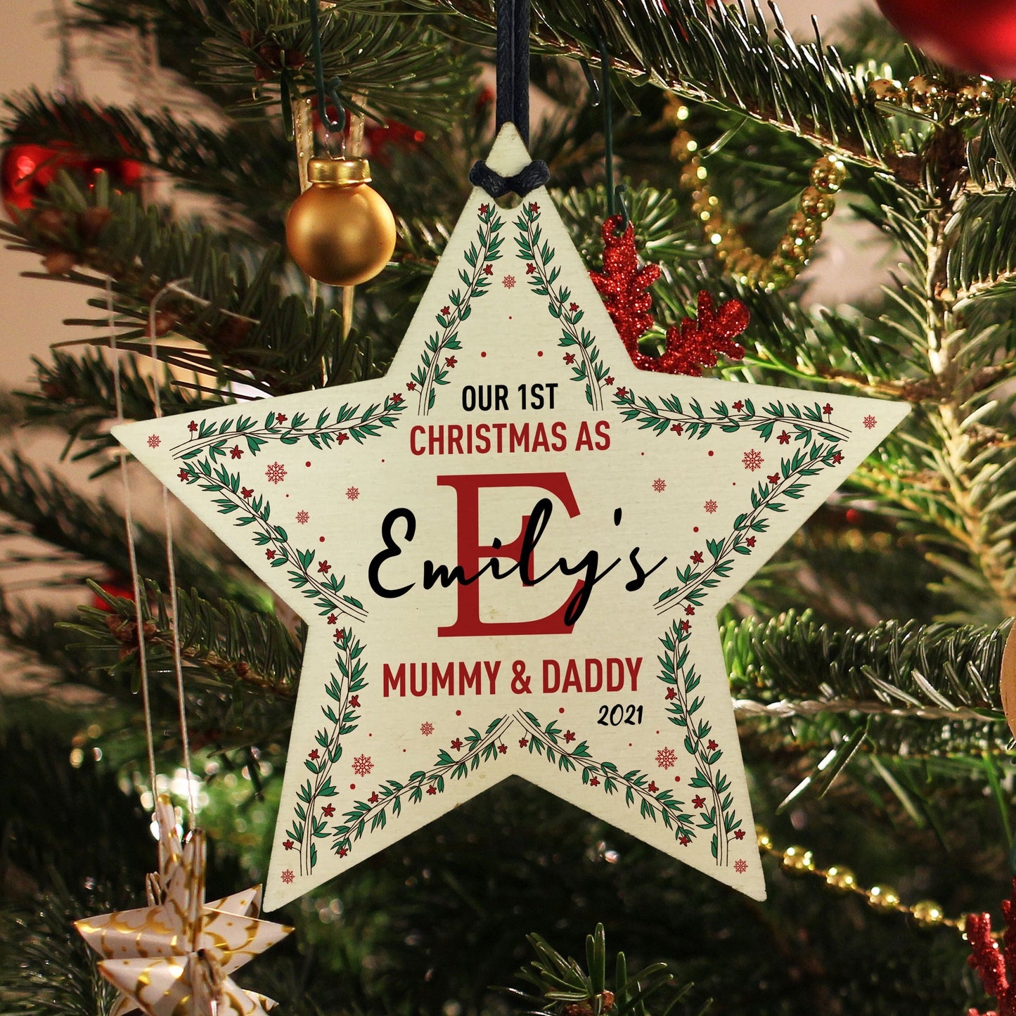 Personalised 1st Christmas As Mummy Daddt Wood Star Tree Decor