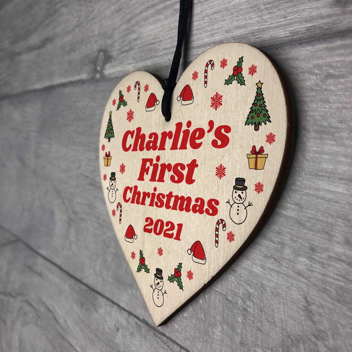 Personalised Baby's First 1st Christmas Bauble Wood Heart Decor