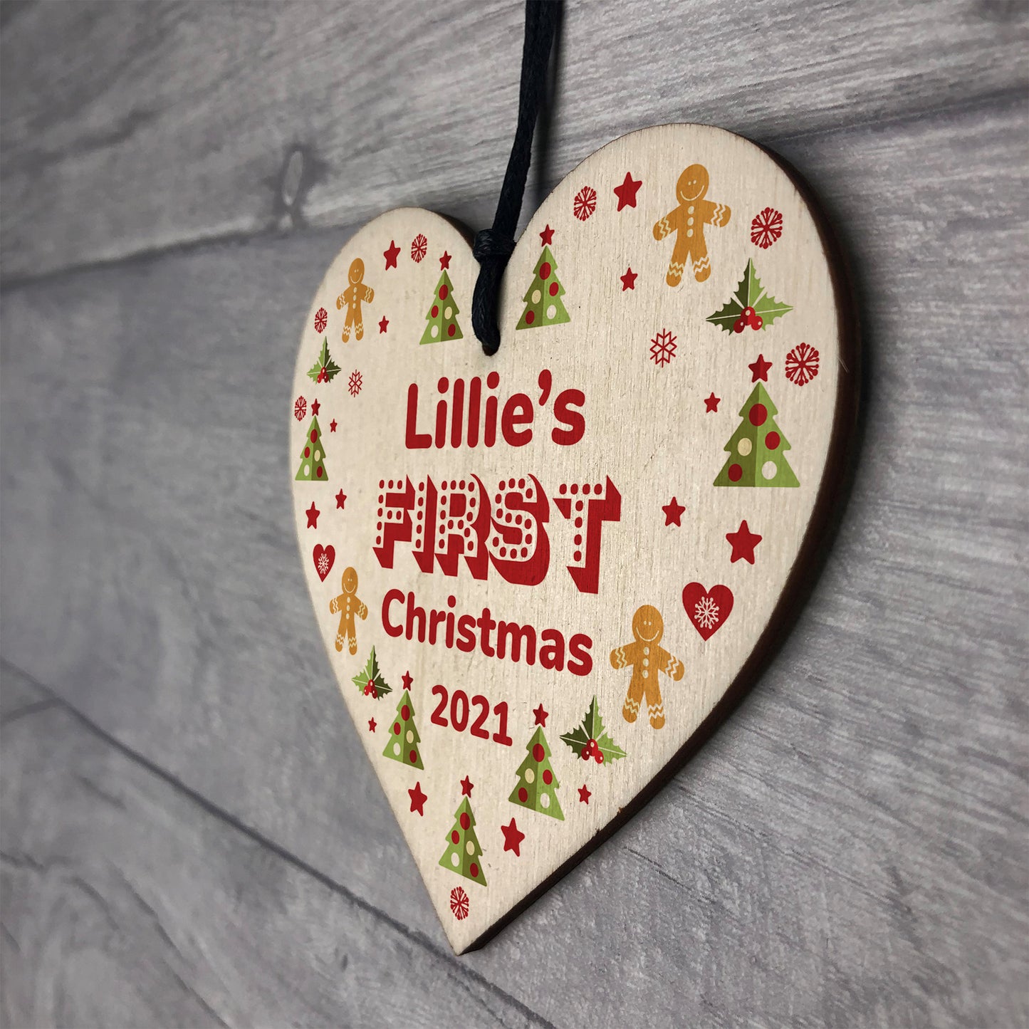 Cute Personalised Baby's First 1st Christmas Bauble Wood Heart