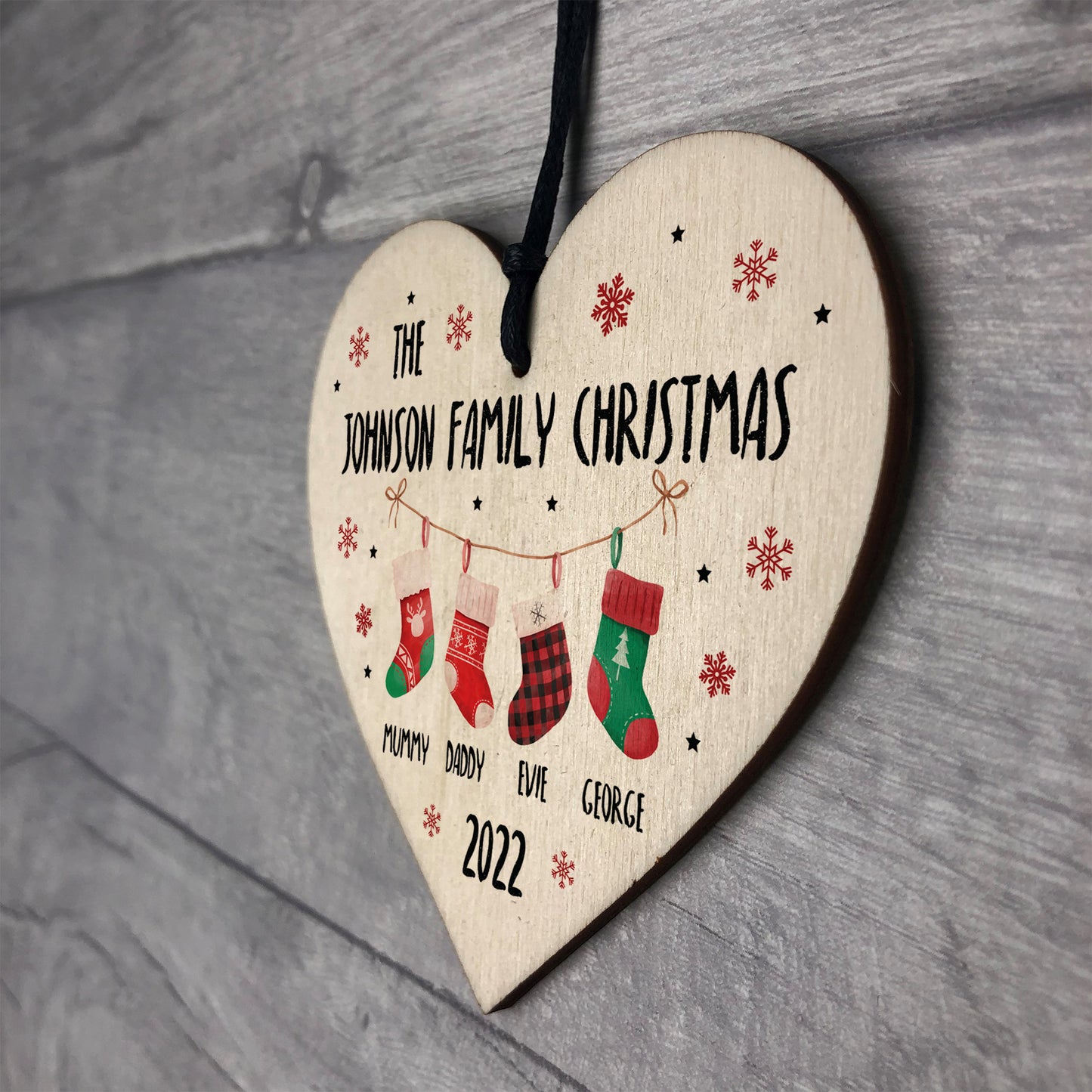 Personalised Family Christmas Bauble Wooden Hanging Heart Tree