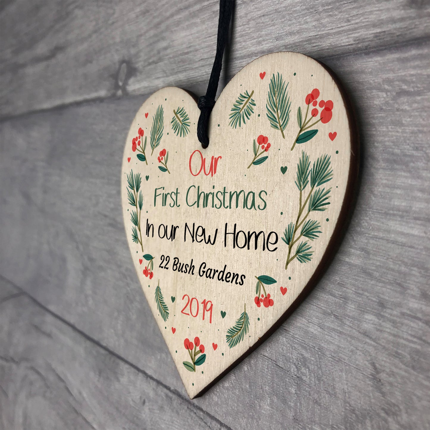 First Christmas In New Home Bauble Wooden Heart Xmas Decoration
