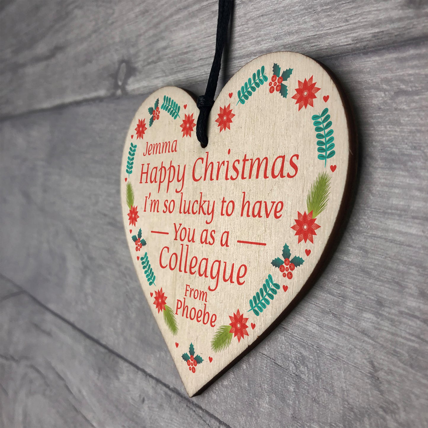 Personalised Christmas Gift Colleague Wood Heart Secret Santa