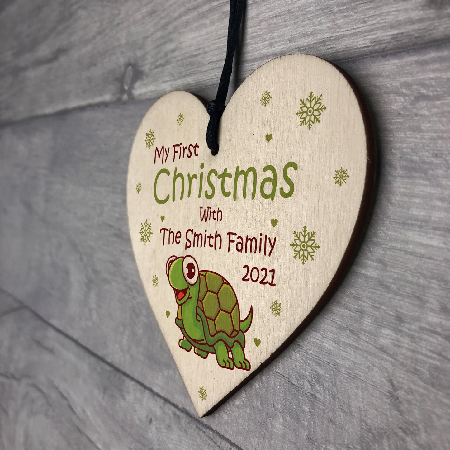 My 1st Christmas Tortoise Bauble Wood Heart Personalised Gift